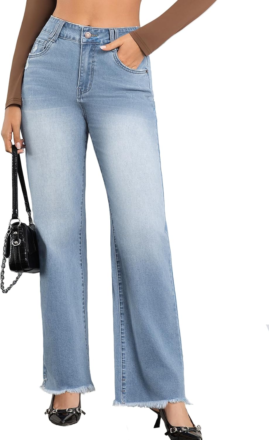JK SUE JONES Wide Leg Jeans for Women Mid High Waist Straight Leg Boyfriend Mom Denim Pants Frayed Raw Hem