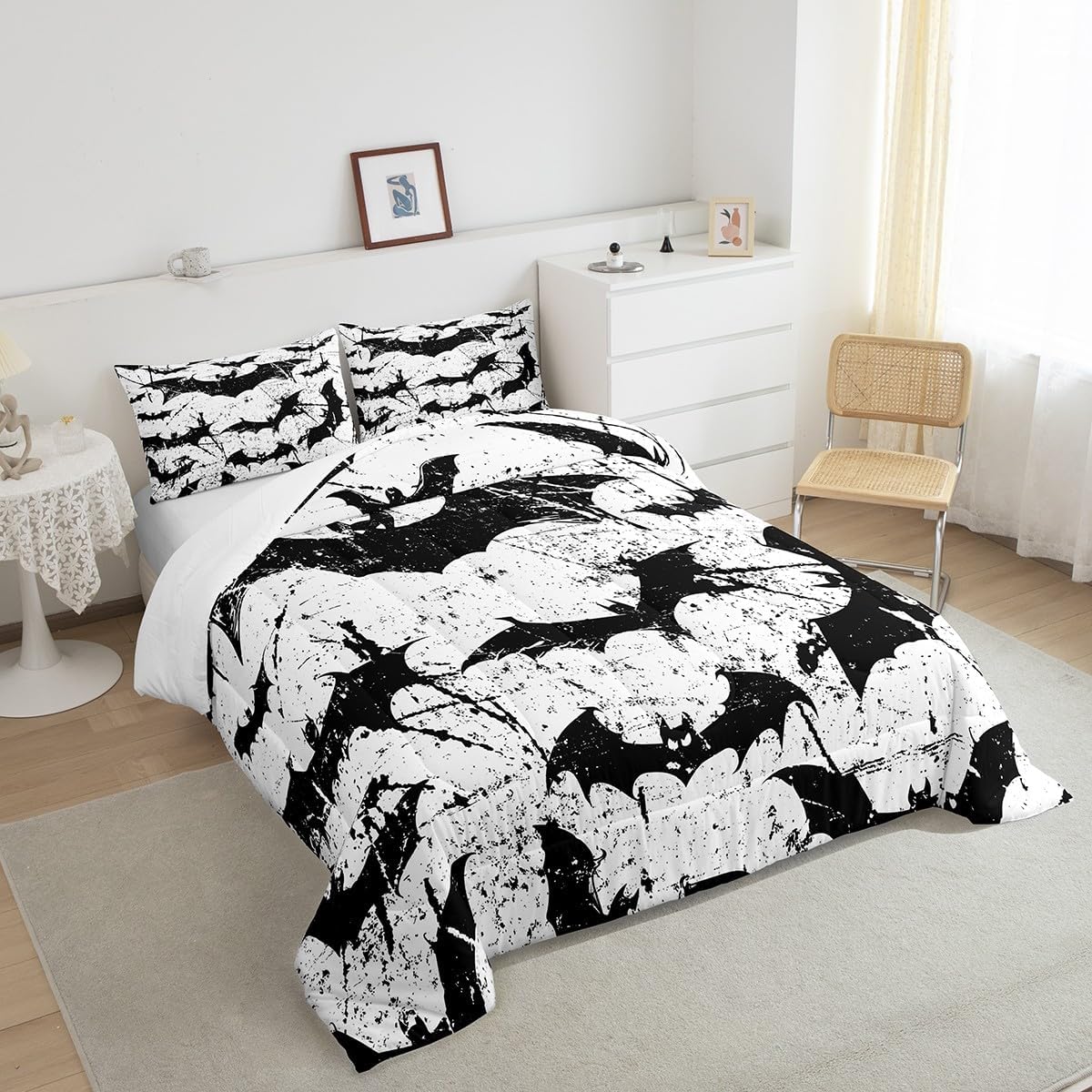 Homewish Black Bat Comforter Set Twin,Halloween Themed Bedding Set for Kids Teens Boys Girls Room Decor,Gothic Animals Quilt Set Horror Graffiti Duvet Insert 2pcs with 1 Pillowcase