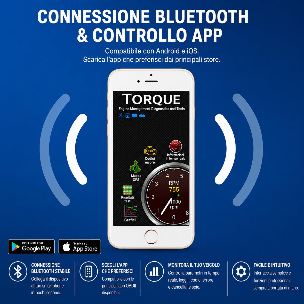 Mini ELM327 Diagnostica Auto Bluetooth 2.0 - Facile Connessione Smartphone, Supporto OBD2, Compatibile con Veicoli a Benzina dal 1996. Test Diagnostico Efficace e Veloce compatibile IOS Android