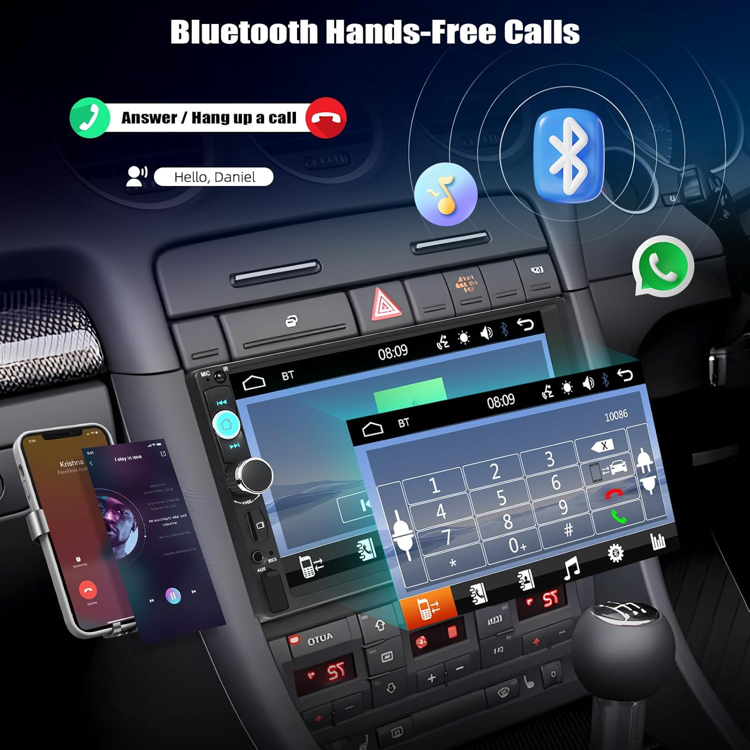 Image showing the SIXTOP Double Din Car Stereo displaying a Bluetooth call interface with a smartphone connected.