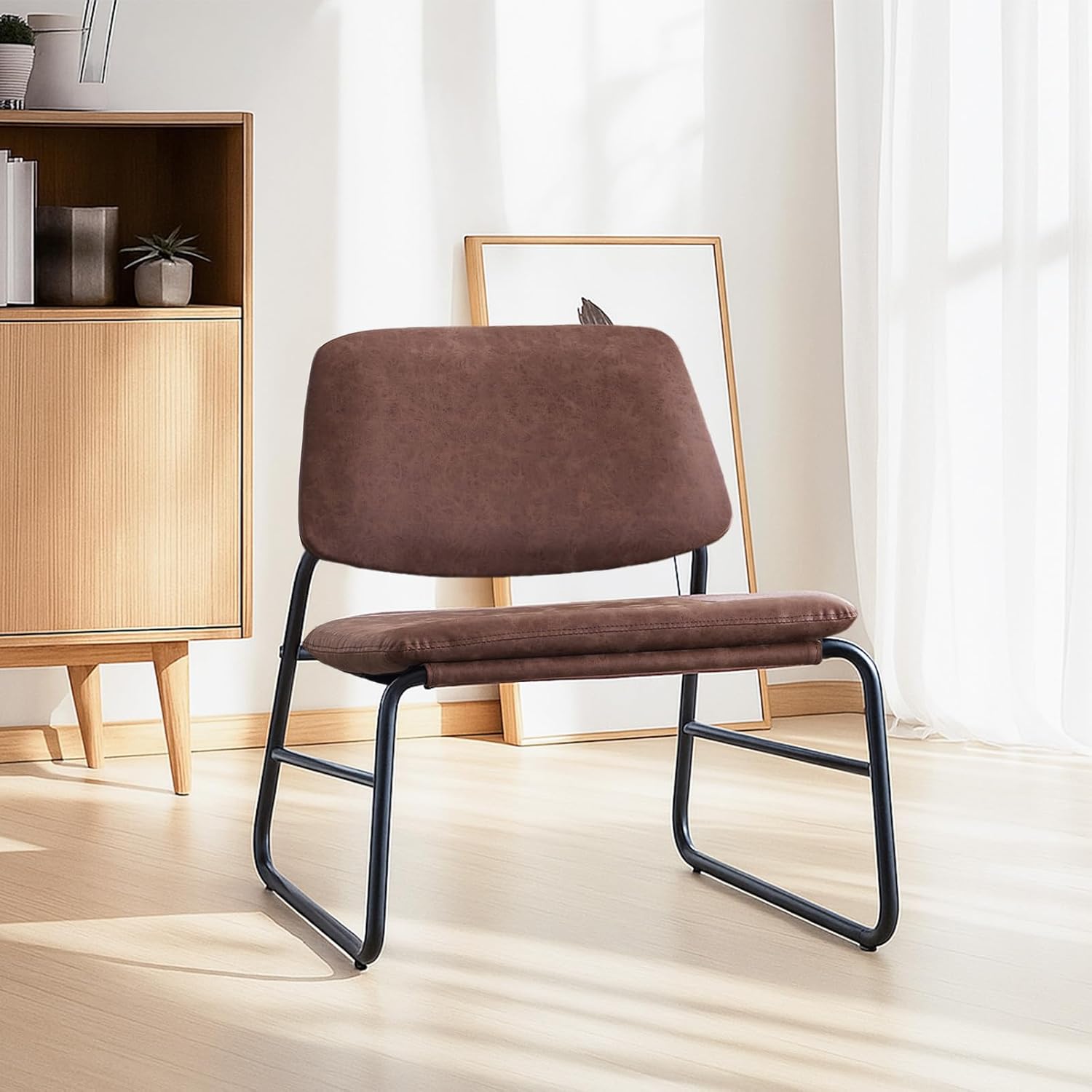 Joysoul Suede Fabric Wrought Iron Armless Accent Chair - Tufted Backrest, Premium Upholstery & Sturdy Frame, Modern Living Room/Reading Chair for Apartments, Bedrooms (Brown)