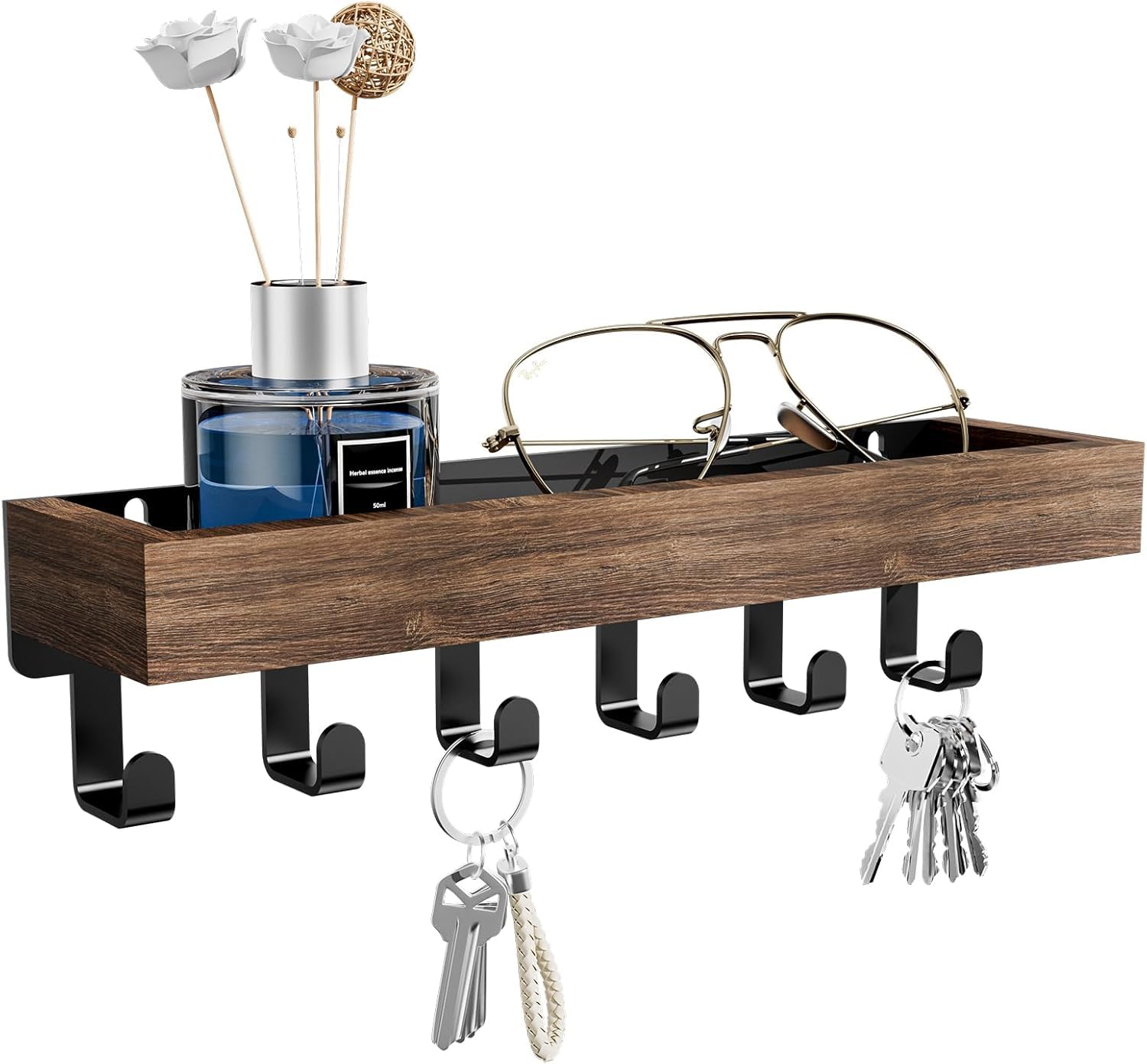 Renborn Key Holder with Wood Tray and 6 Hooks, Wall Mounted Key Racks, Key Hangers Home Decor Key Rack Mail Organizer for Hallway, Entryway, Bedroom, Mudroom, Office