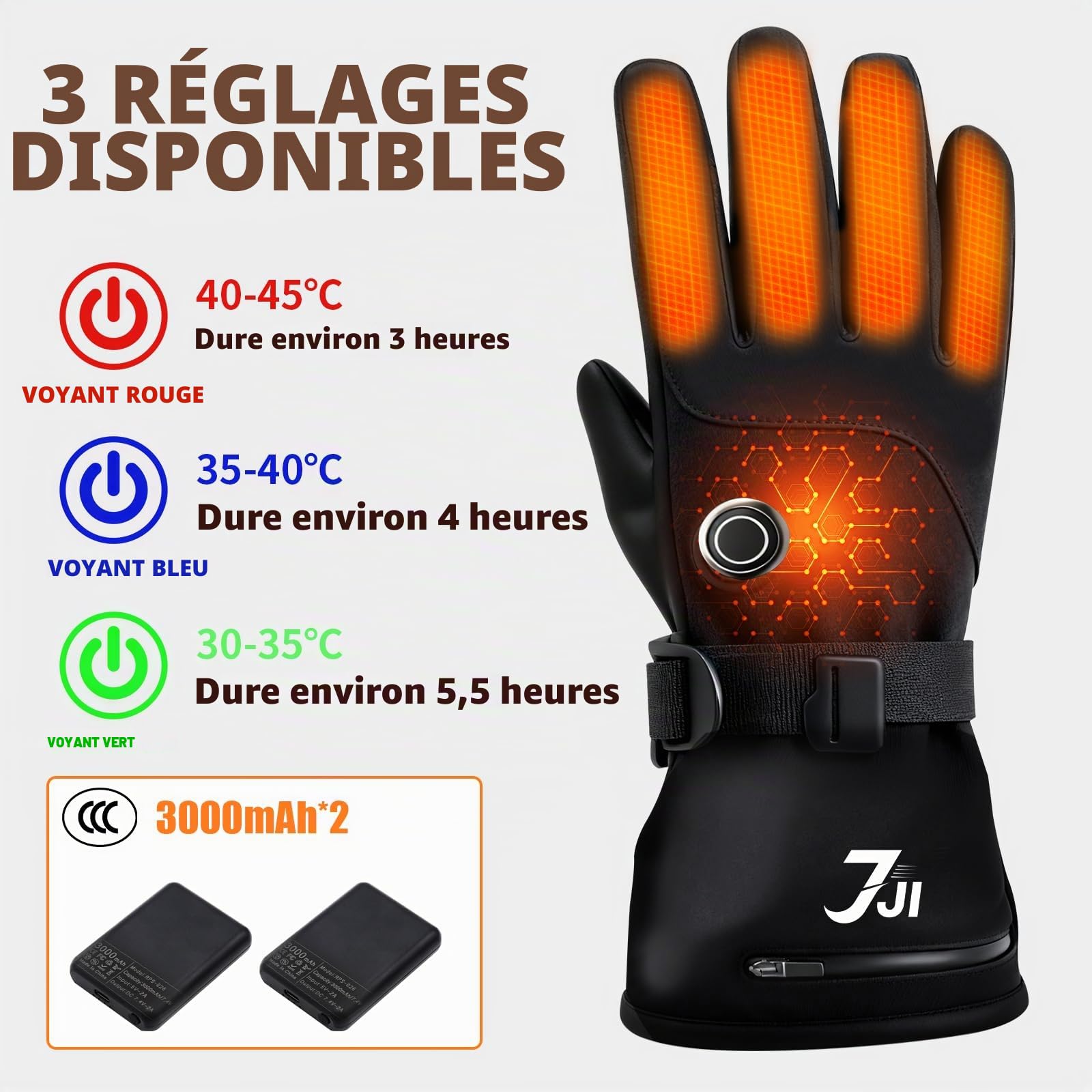 Gants Chauffants pour Homme et Femme, Rechargeables avec 3 Modes de température, Batterie de 3000 mAh, Chauffe-Mains imperméables, pour Le Ski, Le Camping