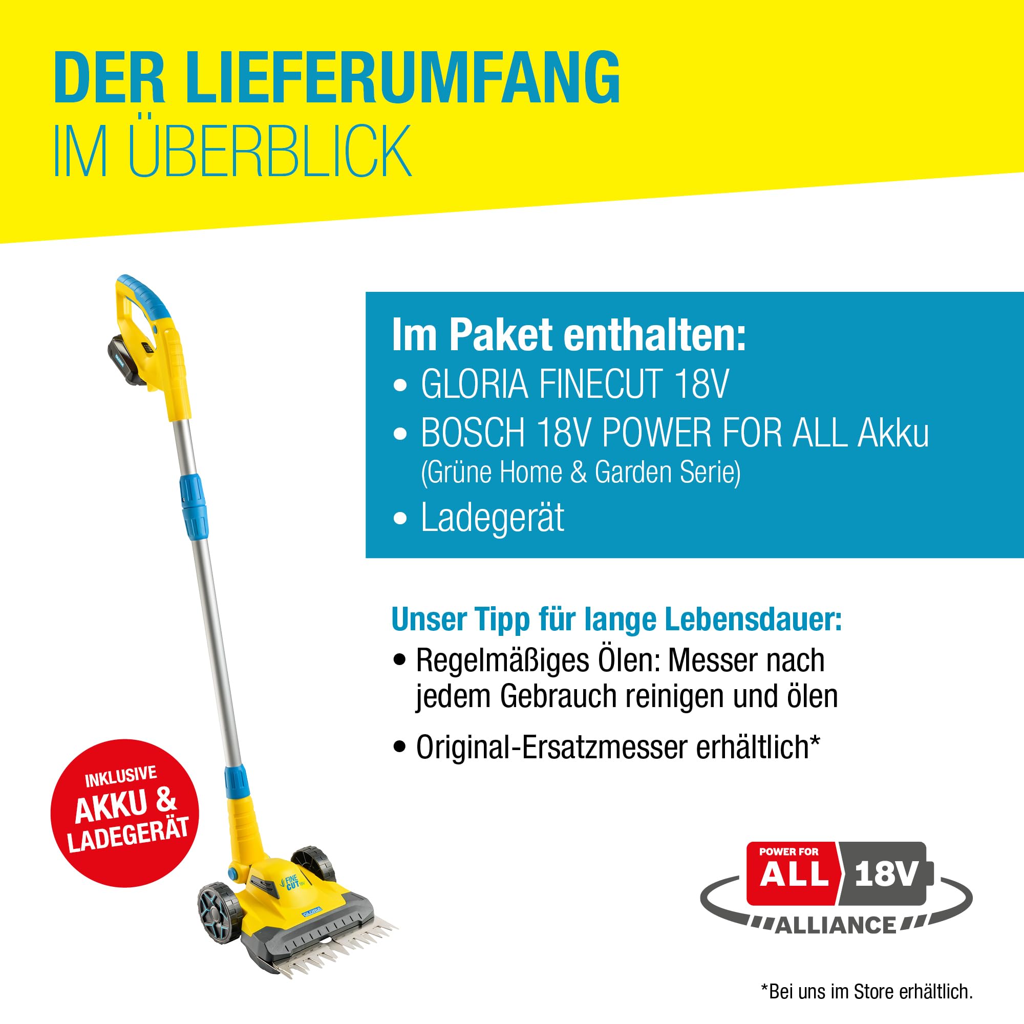 GLORIA FineCut 18V Set Coupe-Bordures et Tondeuse de Finition sans Fil avec Batterie et Chargeur Bosch 18V