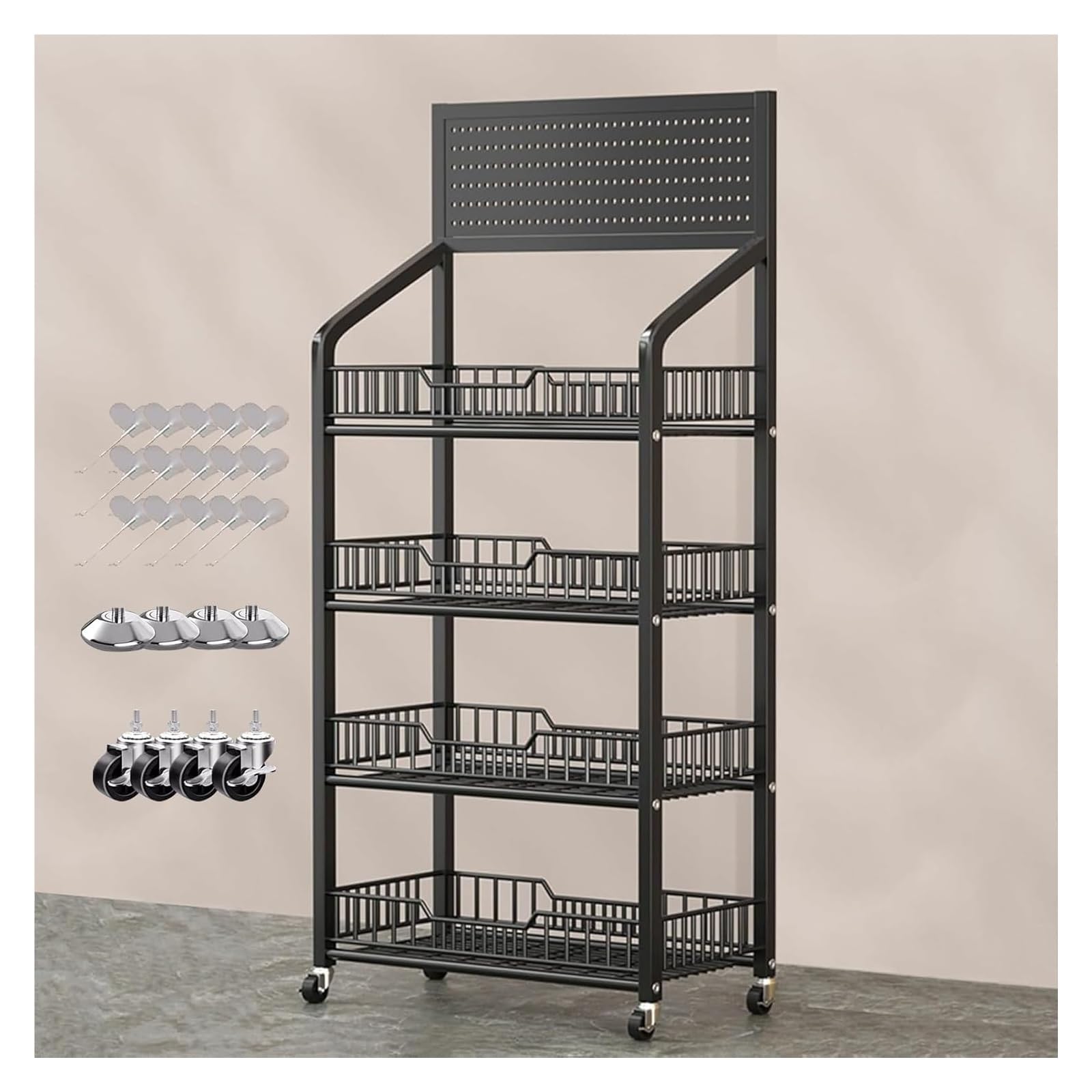 Rangement de collations et fruits stable avec le présentoir mobile en métal noir à roulettes