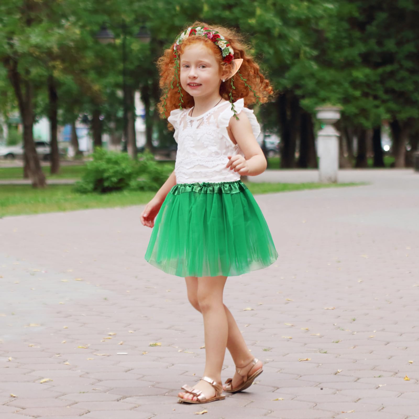 HONMOK 3 PCS Girls Elf Costume, Green Fairy Elf Outfit Include Leaf Crown Headband Elf Ears Tutu Dress - Image 4