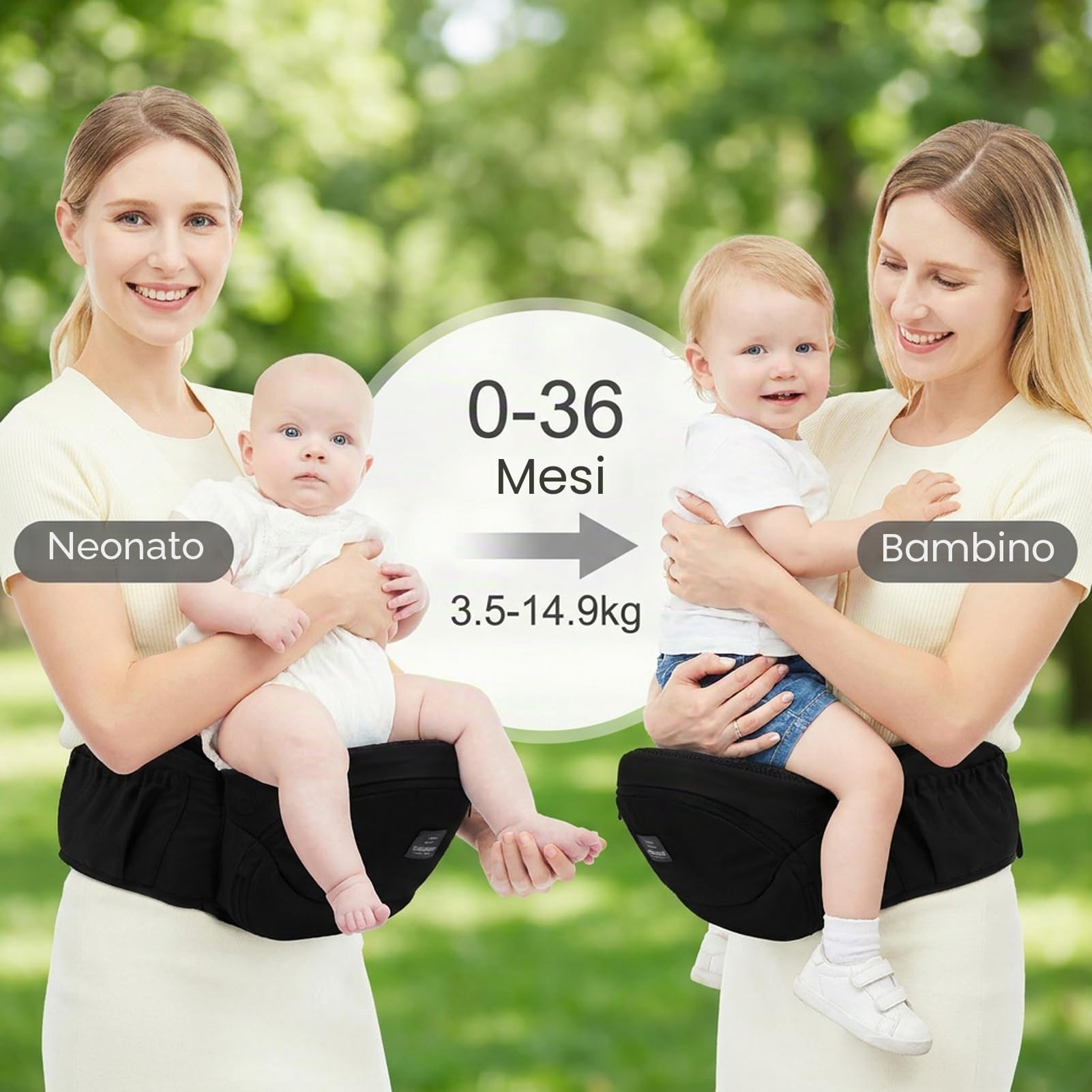 Bebamour Marsupio per neonato Hip Seat 0-36 mesi, leggero, 3 in 1, da neonato a bambino, HipSeat (nero)