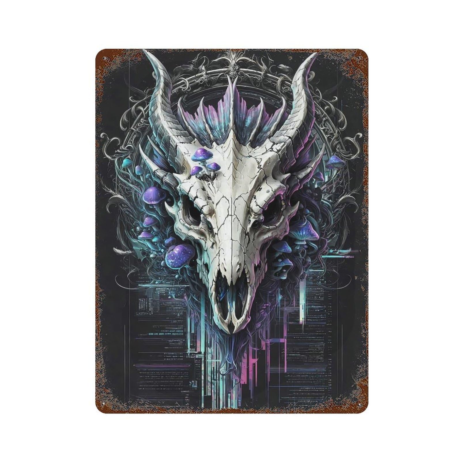 Dinosaur Skull Coding Glitch Rust Effect Tin Sign 15.7"x11.8", Vintage Wall Decor for Bistro, Counter And Cafe Decor