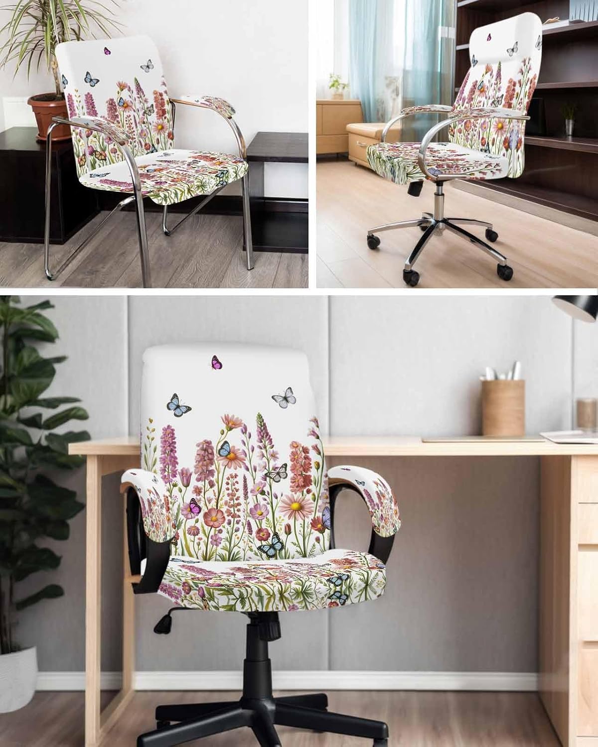 Spring Floral Office Chair Covers with Armrest Covers, Rotating Chair Cover, Watercolor Lavender Daisy Butterflies Botanical Armchair Slipcovers Decorative Backrest and Seat Protectors, Large