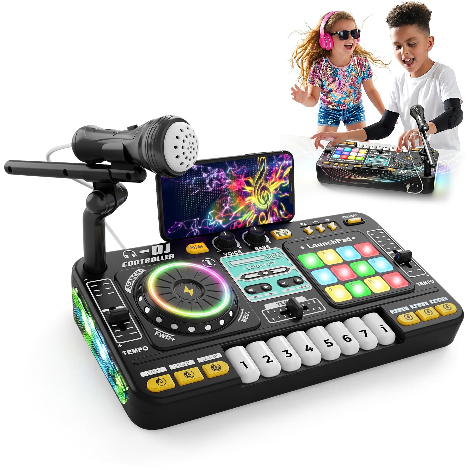Table de mixage DJ multifonctionnelle pour enfants, avec microphone, plus de 100 effets sonores, batterie, contrôleur d'apprentissage de la musique interactif avec effets lumineux pour enfants de 3 à