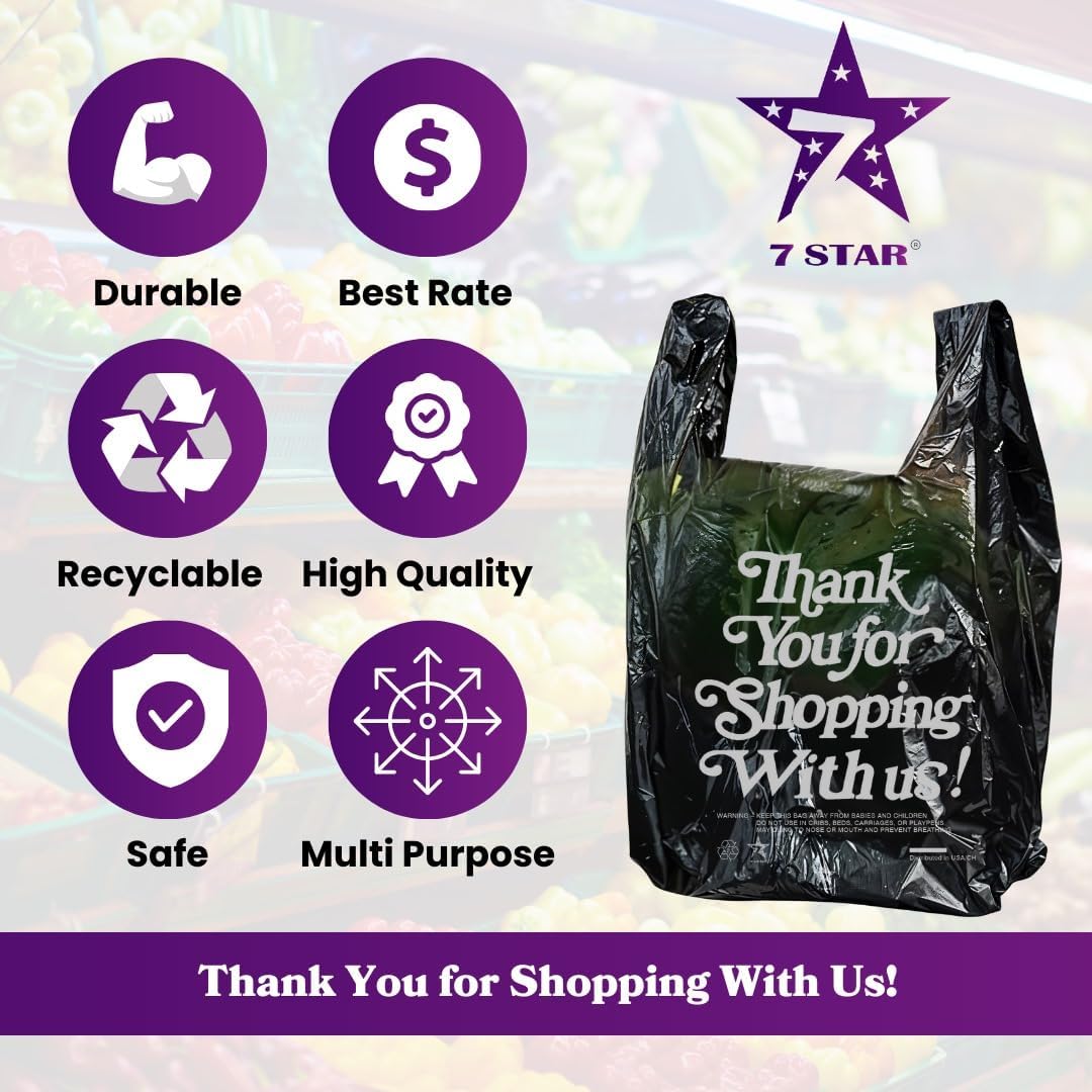 7STAR Black Thank You Plastic Bags with Handles – Heavy-Duty HDPE 16 Micron – 11.5″ x 6″ x 21″ (1/6 Barrel Size) – 400 Count Grocery, Liquor, Retail & Take-Out Bags