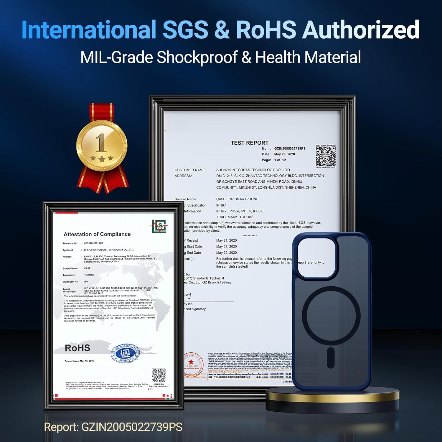 Certificates for SGS and RoHS authorization for the TORRAS case, indicating compliance with quality and safety standards.