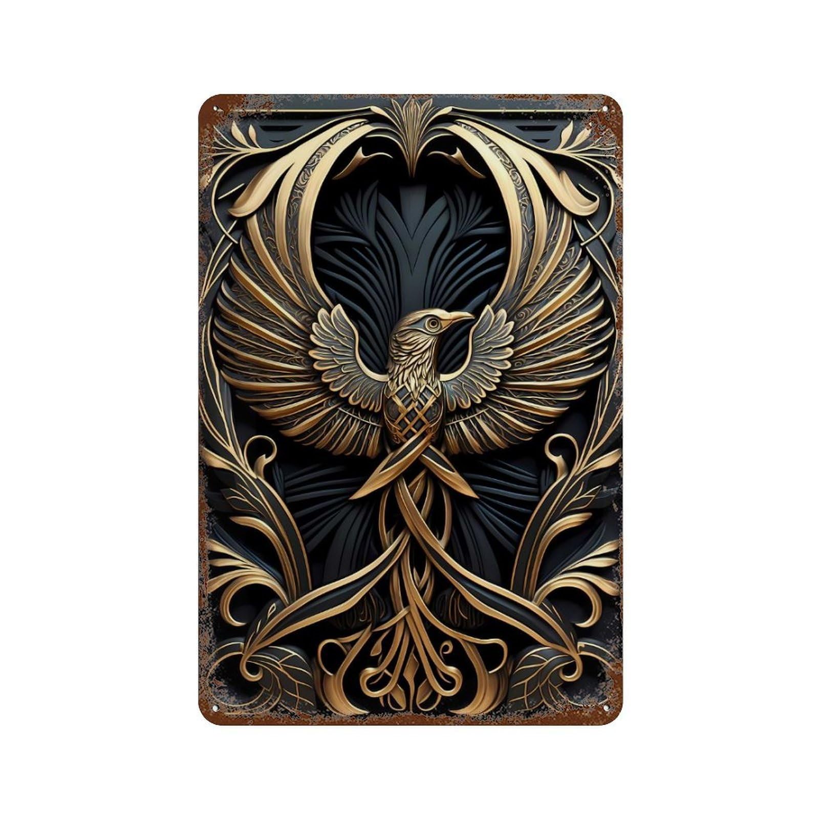 Golden Wings Phoenix Weathered Tin Sign 11.8"x7.9", Decorative Metal Wall Art for Garage, Bar And Workshop Decor