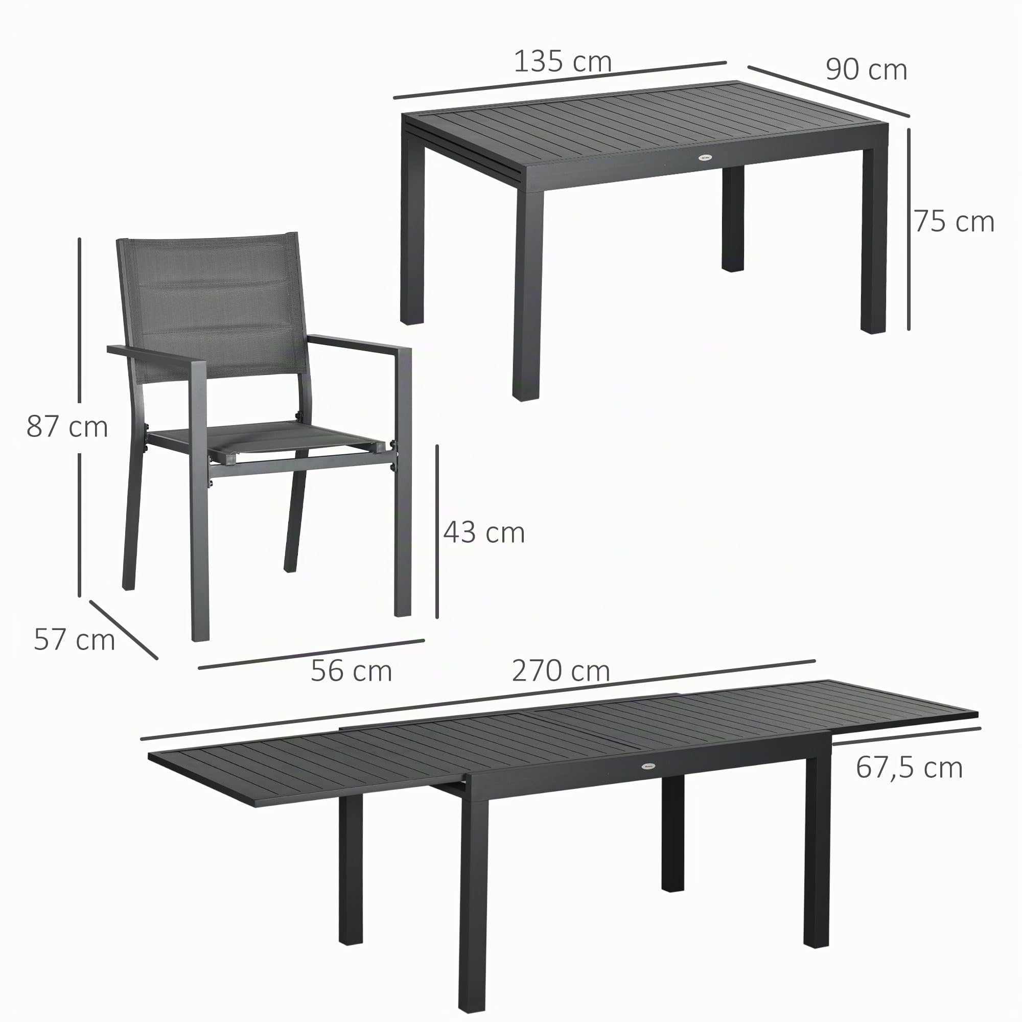 Outsunny Conjunto de Muebles de Jardín de 9 Piezas Mesa Extensible Gris | 8 Sillas Apilables, Juegos de Comedor de Jardín Exterior, Estructura de Aluminio, Terraza y Patio