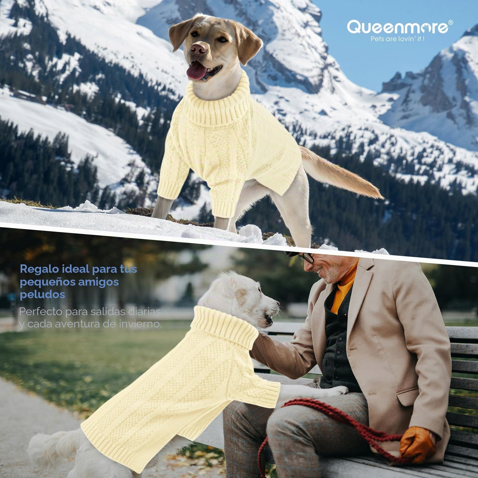 Queenmore Jersey Perro XL, Cuello Alto Manga Larga para Labrador, Golden Retriever, Border Collie, Ropa de Invierno Interior/Exterior (Marfil, XL)