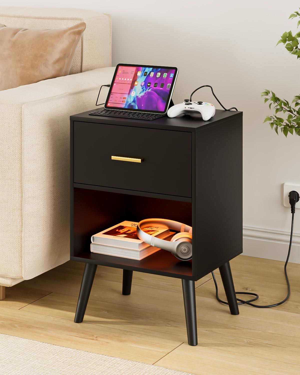 table de chevet avec prise - Noir - Charge et USB - LED avec tiroir - Appoint pour chambre à coucher, salon