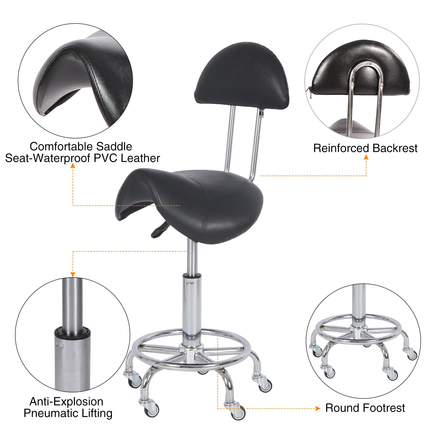 REDCAMP Sattelhocker mit Rollen & Rückenlehne | Ergonomischer Bürohocker 360° Drehbar | Höhenverstellbar (50-66 cm) | 180kg Traglast | Silent-Rollen für Küche Massage Büro | Schwarz