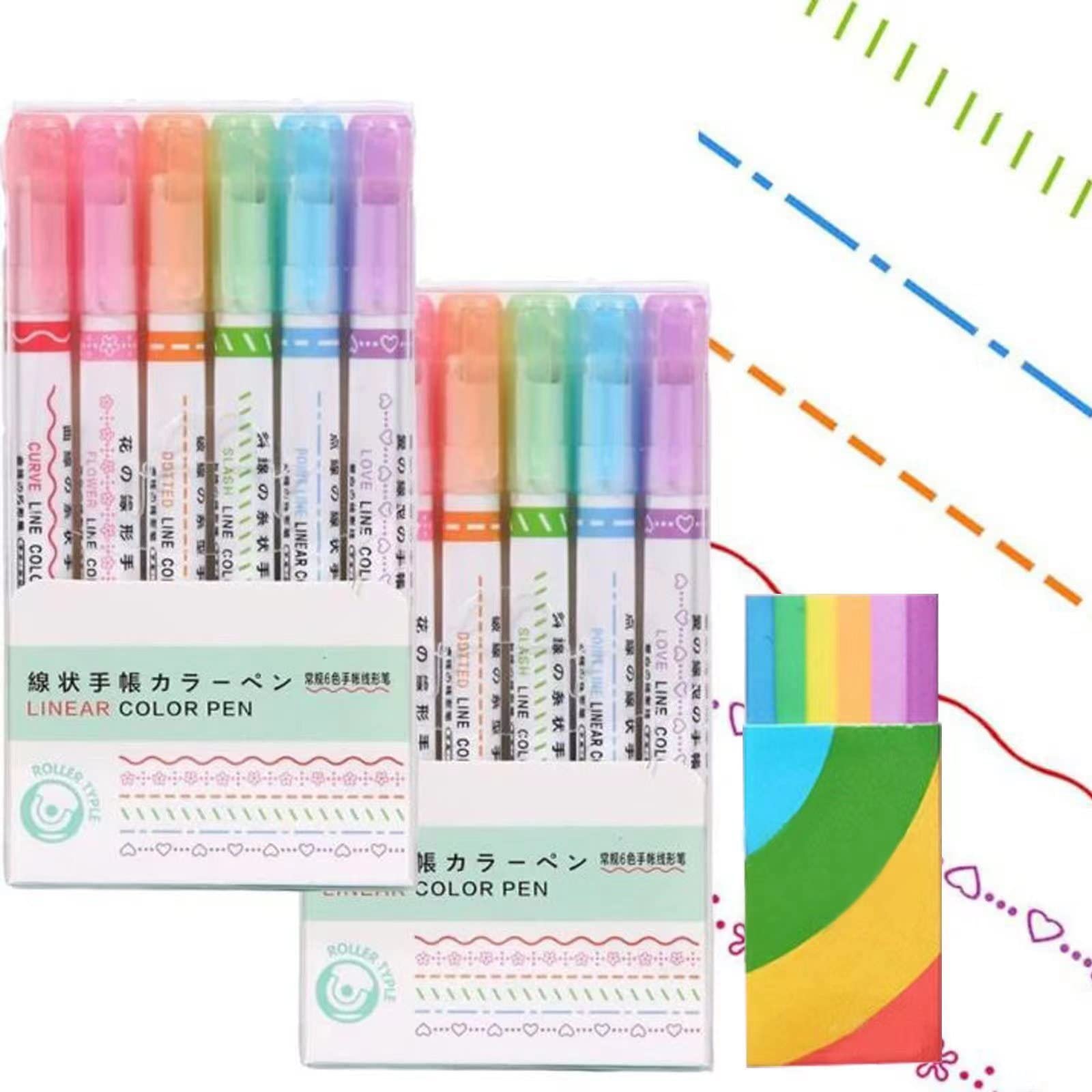 Photo 1 of VALTAVO 12 Pcs Curve Highlighter Pen Set, Flownwing Curved Highlighter, flair pens that make designs?Flownwing Pens (2Set) and Rainbow Big Eraser--2 ITEMS 