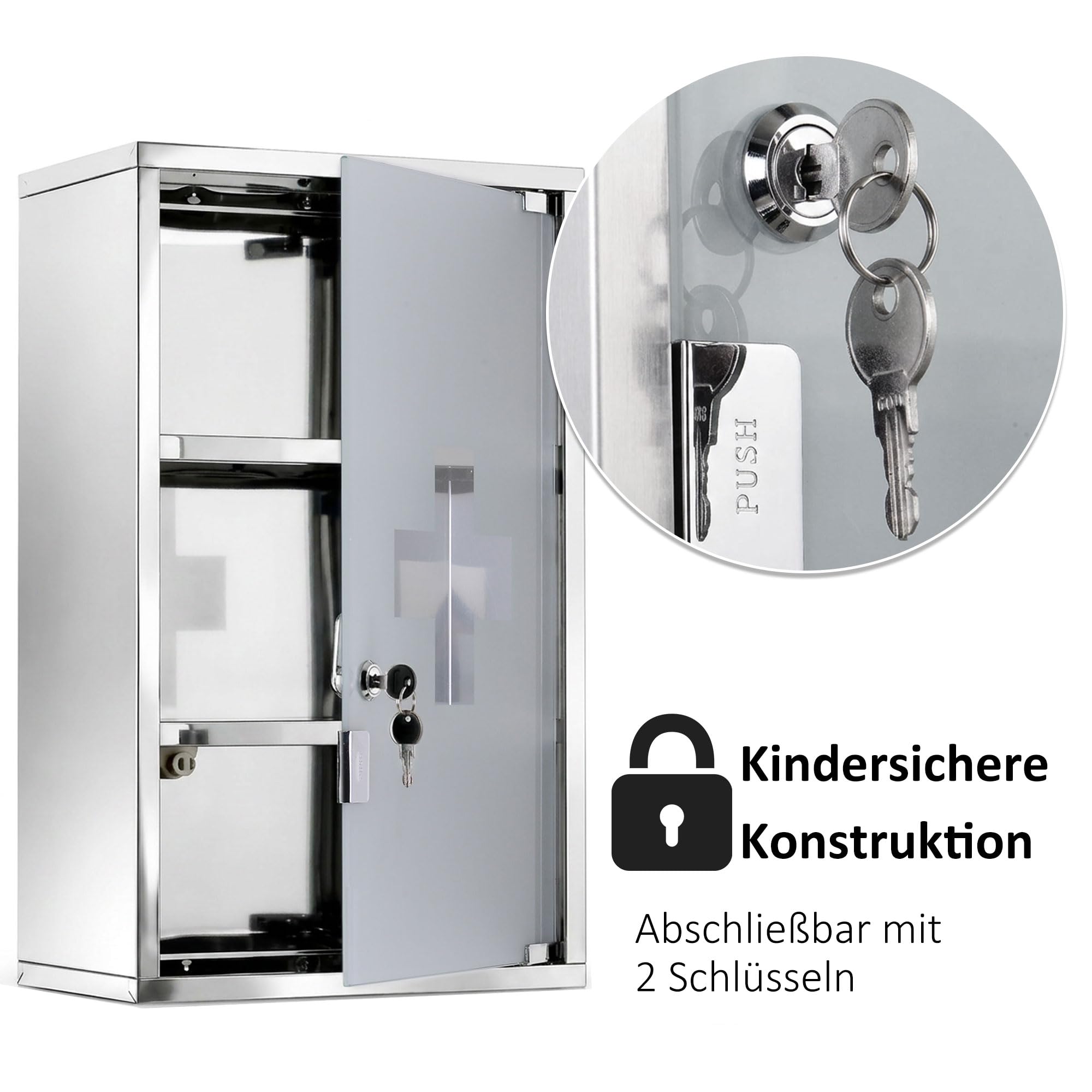 HOMCOM Medizinschrank Arzneischrank aus Edelstahl, Abschließbar Medikamentenschrank mit 3 Fächern, Glastür Apothekerschrank zur Medikamenten-Aufbewahrung, 30 x 18 x 50 cm