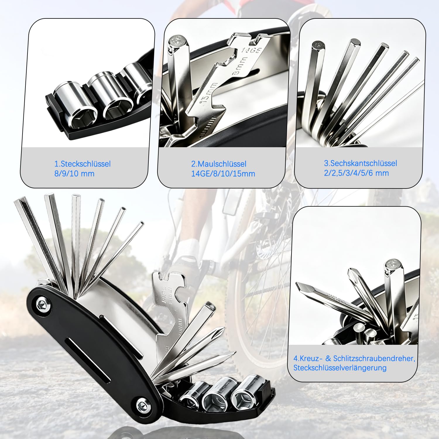 HAZENS Fahrrad Reparaturset | Fahrrad Zubehör | Fahrrad Flickzeug Set für unterwegs, Fahrrad Multitool 16-in-1, Notfallwerkzeug Flickzeug, Fahrrad Werkzeugset unterwegs, Werkzeug Set für Fahrrad, MTB | Fahrrad Reparaturset | Fahrrad Zubehör | Fahrrad Flic