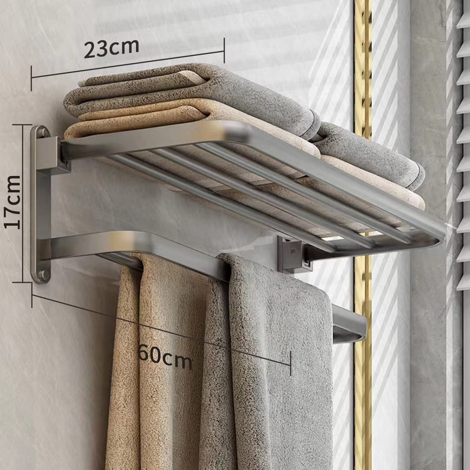Towel Rails,Towel Holder with 2 Towel Bars wall mounted,Aluminum Bathroom Towel Rall Towel rack,Grey 60cm(24inch) - Image 2