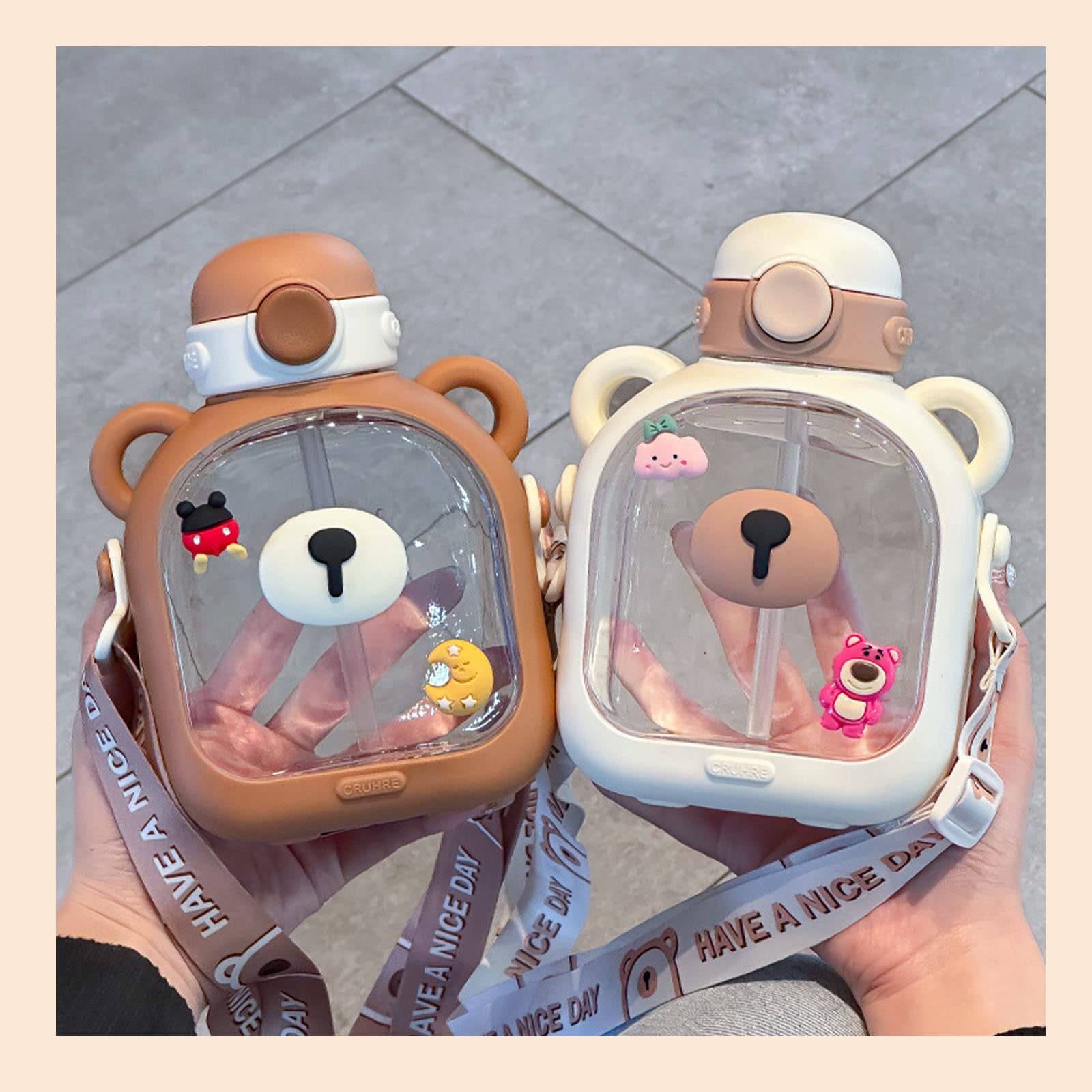 Kawaii Square Water Bottle 24oz – Cute Bear Design, Transparent With Strap & Stickers – BPA Free (Pink)