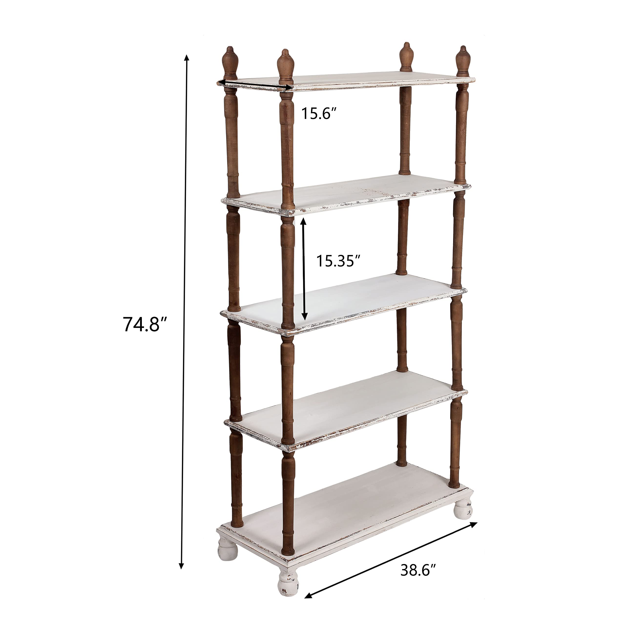 Handmade Distressed Bookcase White 5 Shelf, 74 Inch Tall 5 Tier Wood Bookshelf, Large Free Standing Shelves for Storage, 39 Wide Shelving Units for Laundry Bathroom Kitchen