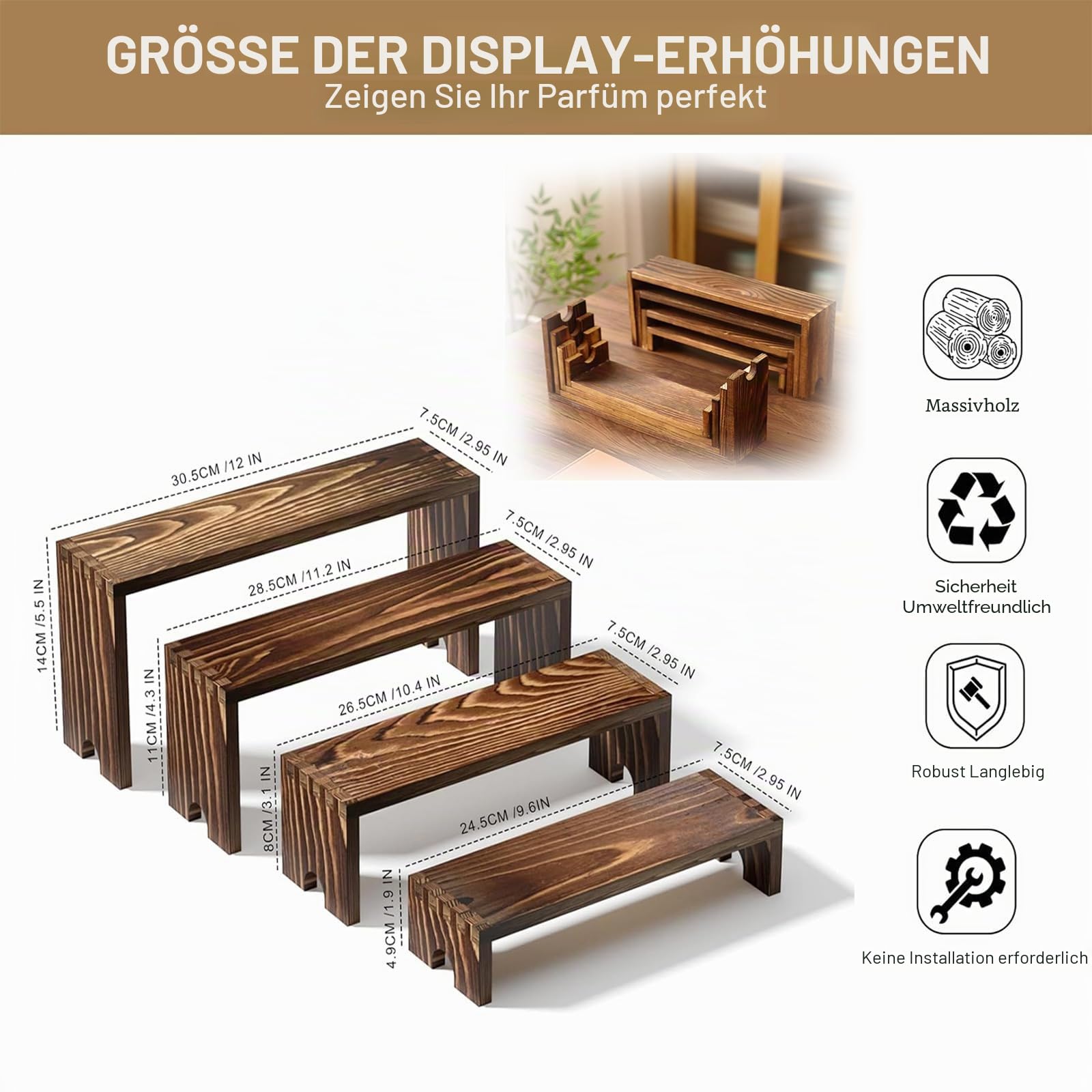 2 Set Stufenregal aus Massivholz 4 stufig, Candy Bar Display Regal, Parfüm Organizer Ständer, Vitrine für Pop Figuren, Mini Regal für Deko, Bücher, Schmuck, Buffet