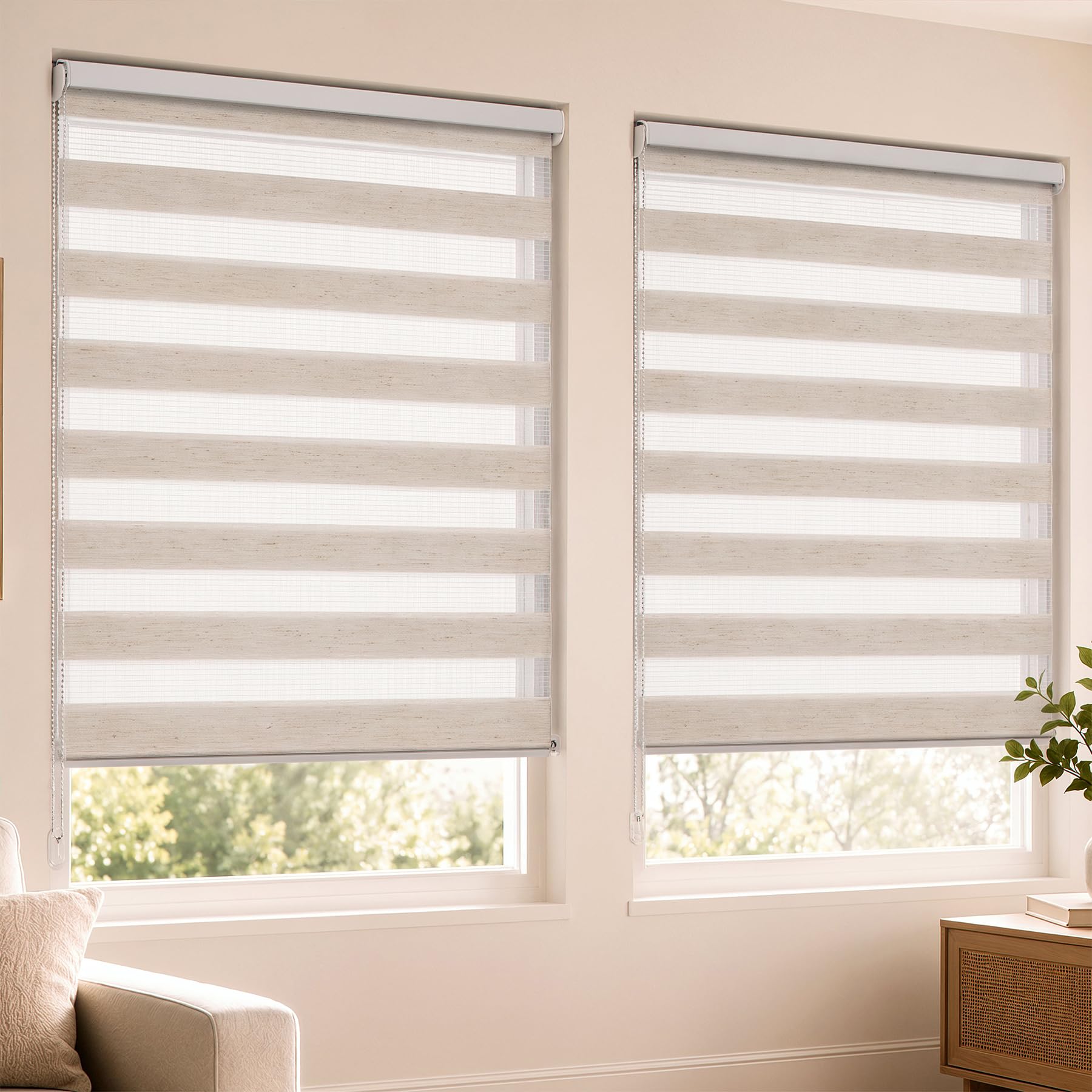 VOUNOT® Set of 2 Day and Night Zebra Roller Blinds No Drill,80x150cm Linen
