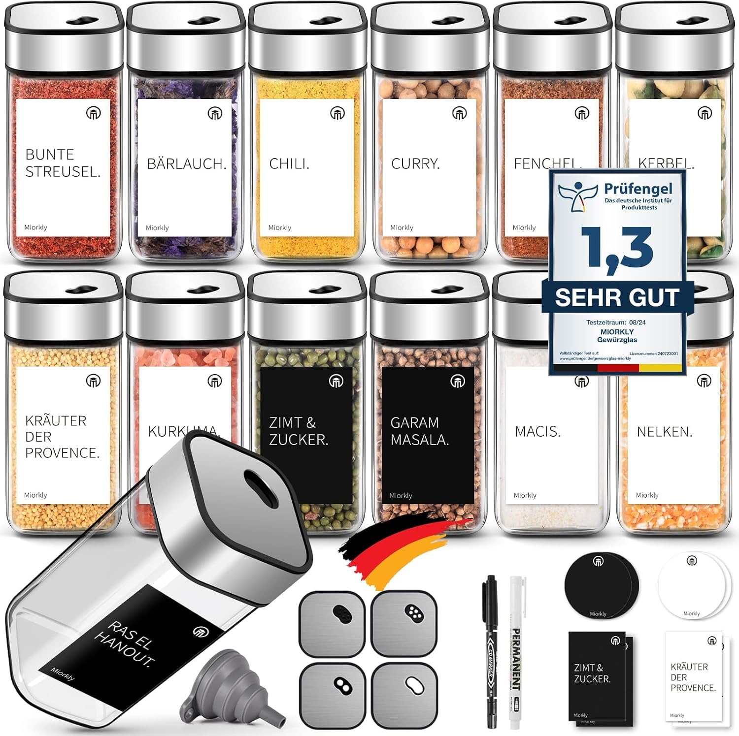 Miorkly Gewürzgläser Eckig mit Drehdeckel - 12 x 120ml - Luftdicht
