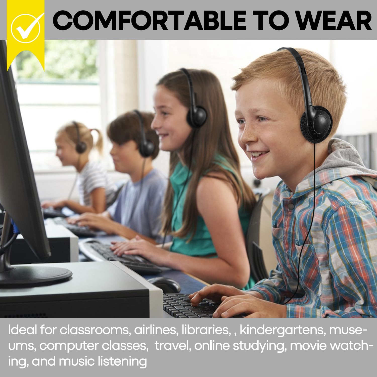Paquete de 20 auriculares de aula para niños, estudiantes escolares, auriculares duraderos con cable, juego de clase para niños, adolescentes, niños y adultos (GS857, negro)