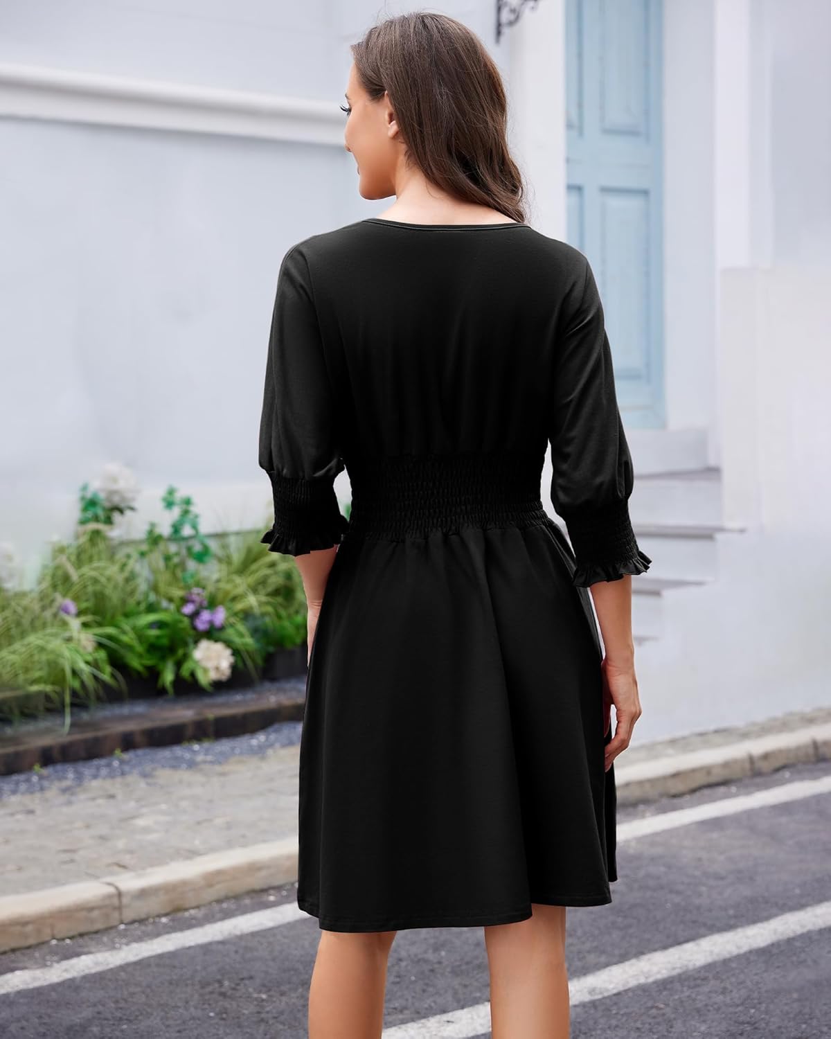Summer Dresses for Women 2025 Casual 3/4 Sleeve Smocked Dress Crew Neck Elastic Waist A-Line Knee Length with Pocket - Image 4
