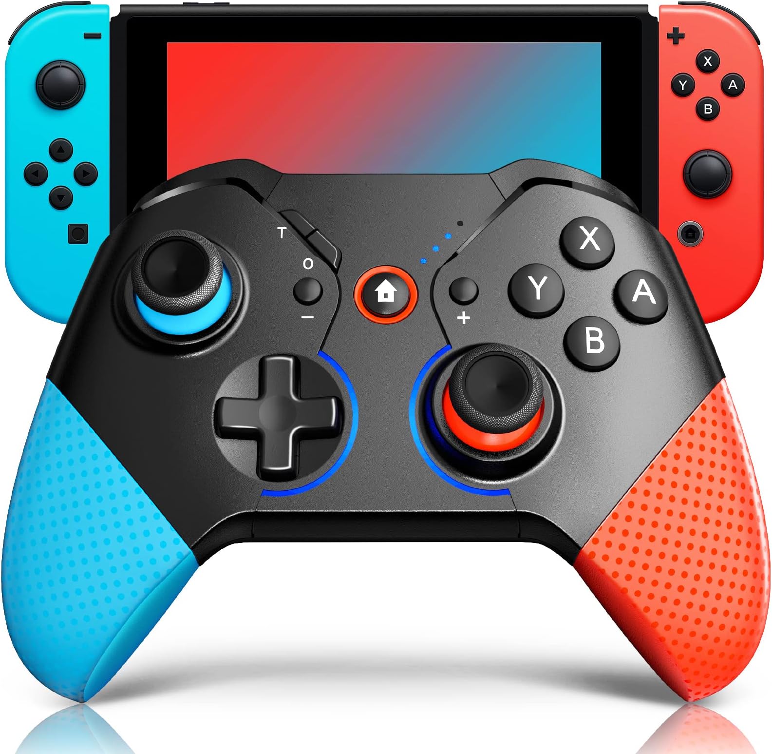 Switch Controller for Nintendo with Wake Up, Bluetooth Gamepad Remote Grip with Macro Motion Vibration Turbo RGB Light, Wireless Pro Controller Joy Con Switch for Kids Gifts - Blue&Red