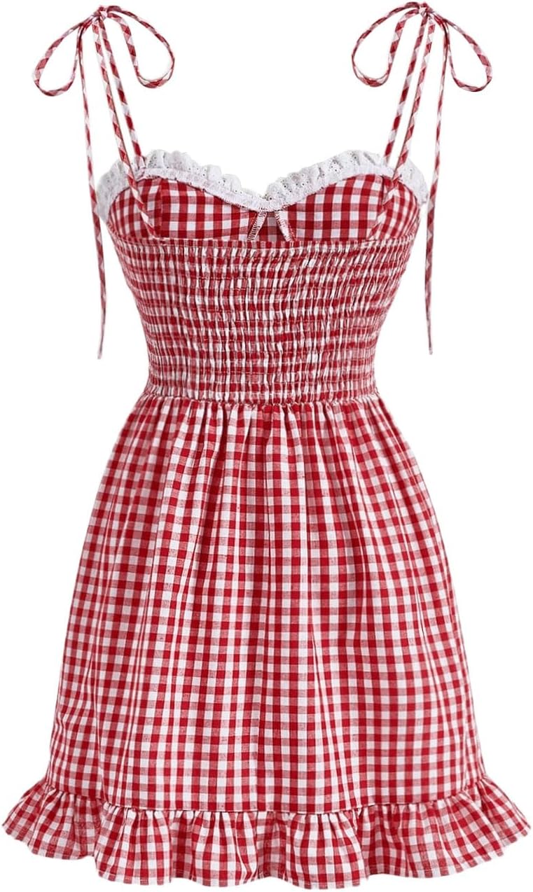 Floerns Women's Gingham Print tie Shoulder Sleeveless Ruffle Hem cami Dress - Image 2