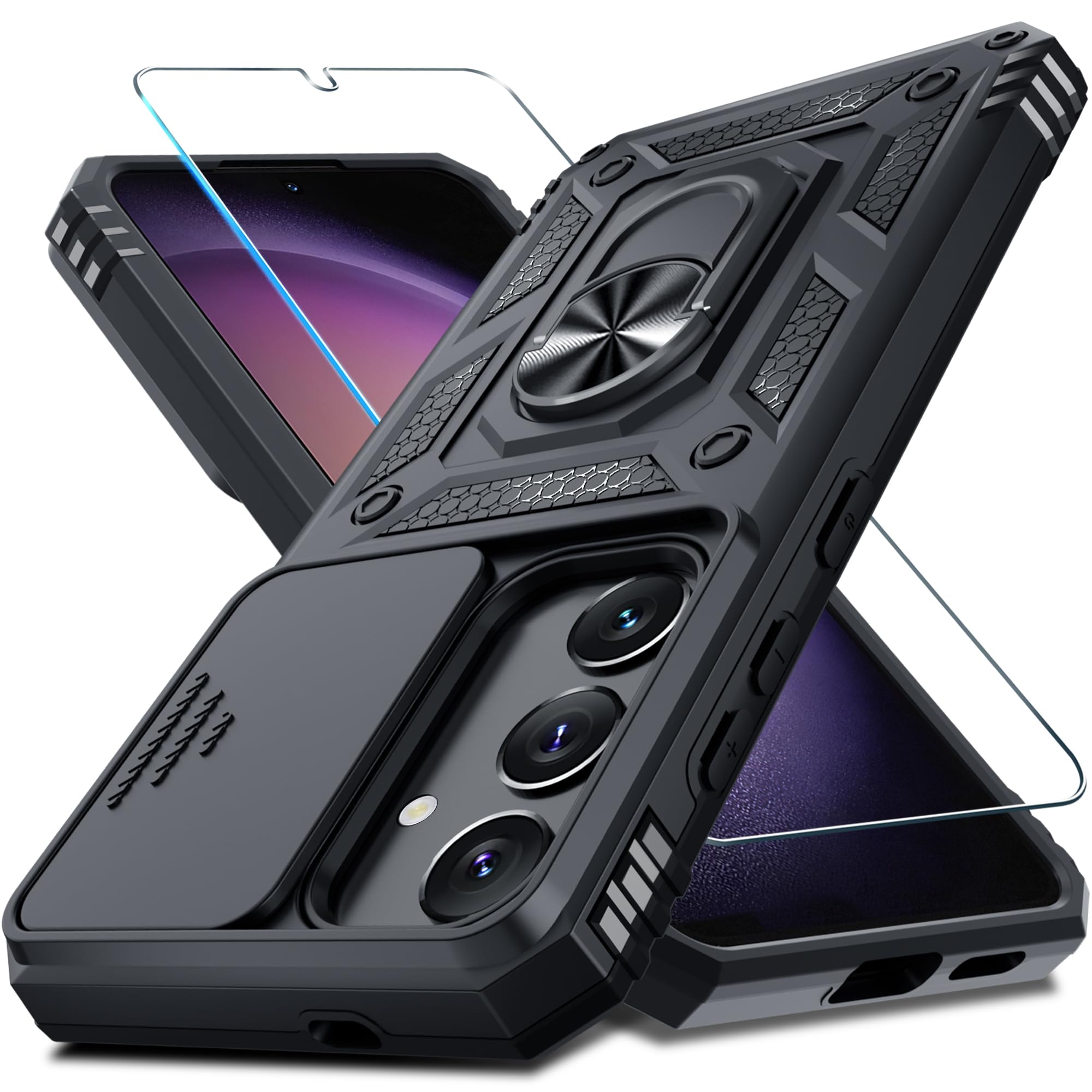 JanmittaCompatible with Samsung Galaxy S25/S24 Case Built in Slide Camera Lens Cover+Screen Protector+Finger Ring Holder Kickstand,Heavy Duty Shockproof Full Body Protective Phone Cover,Black