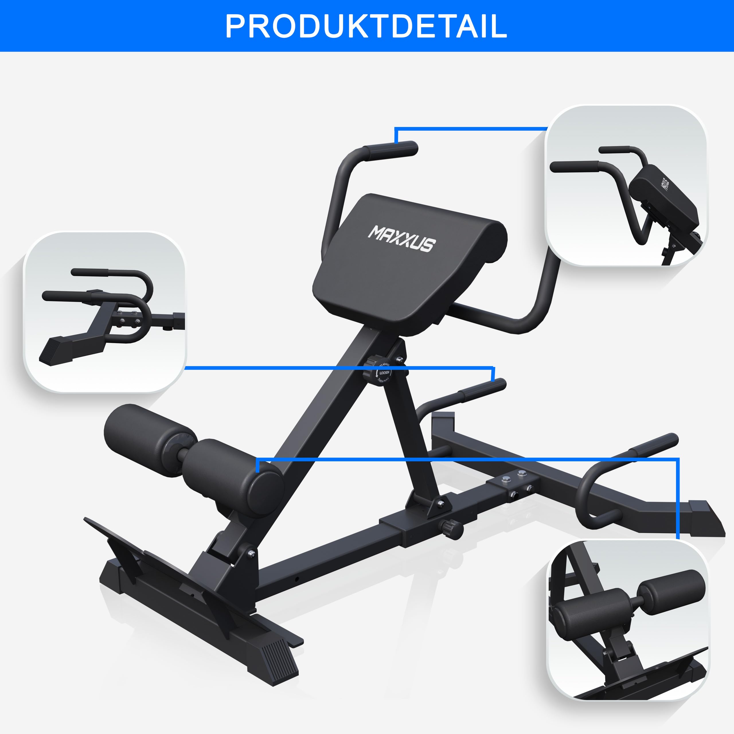 MAXXUS Chaise Romaine - 7en1, Pliable, Coussins de Cuisses Réglables, Rembourrage Épais, Acier, Cuir PU, Max 150kg, Noir - Banc Musculation Hyperextension, Appareil Dos, Machine Sport Maison