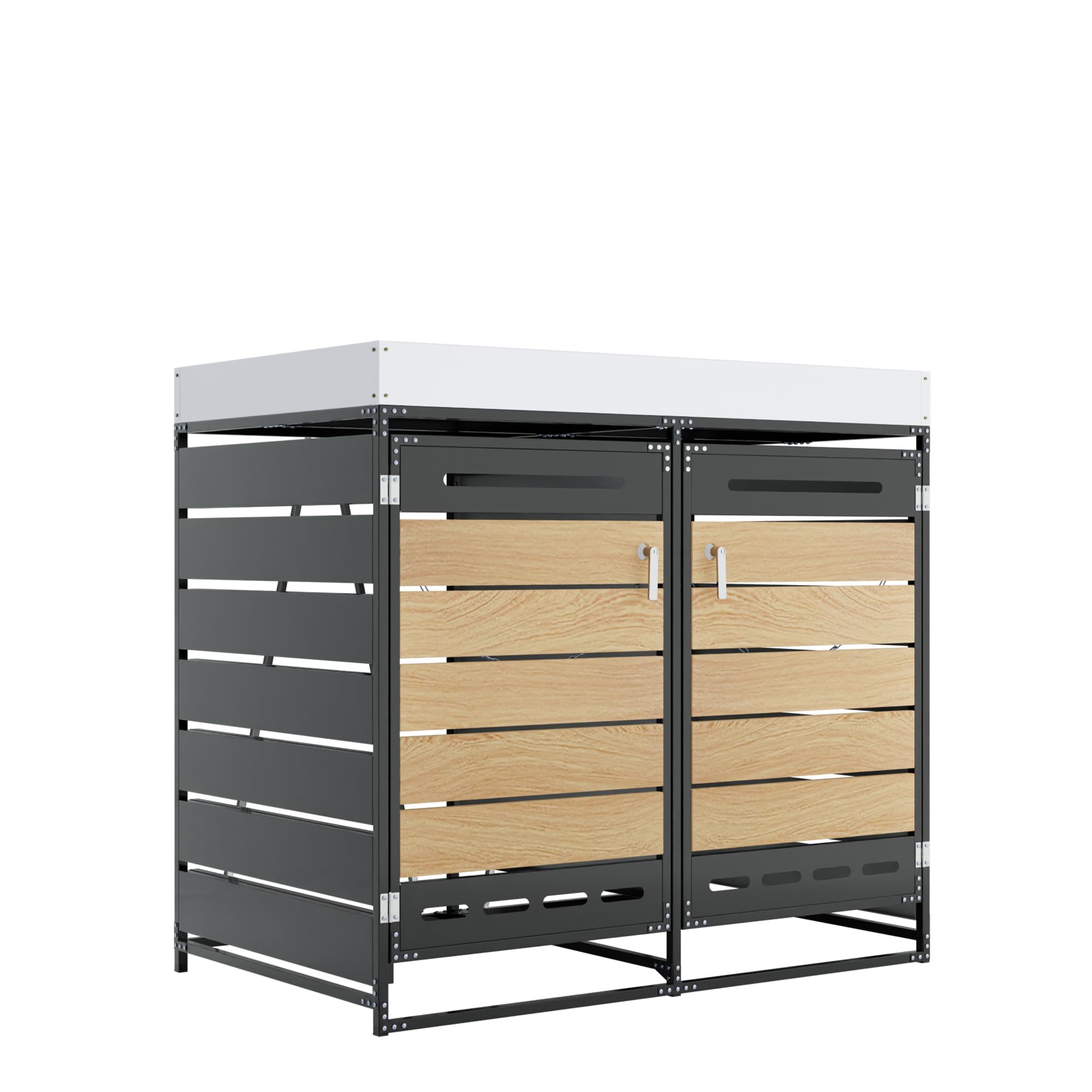Mülltonnenbox 2er Mülltonnenverkleidung mit Pflanzkasten und Lüftungsöffnung für 2X Tonnen 120 und 240 L, Mülltonnenboxen mit Holzoptik-Leisten, Gartenmöbel Müllcontainer mit Schloss, Schwarz