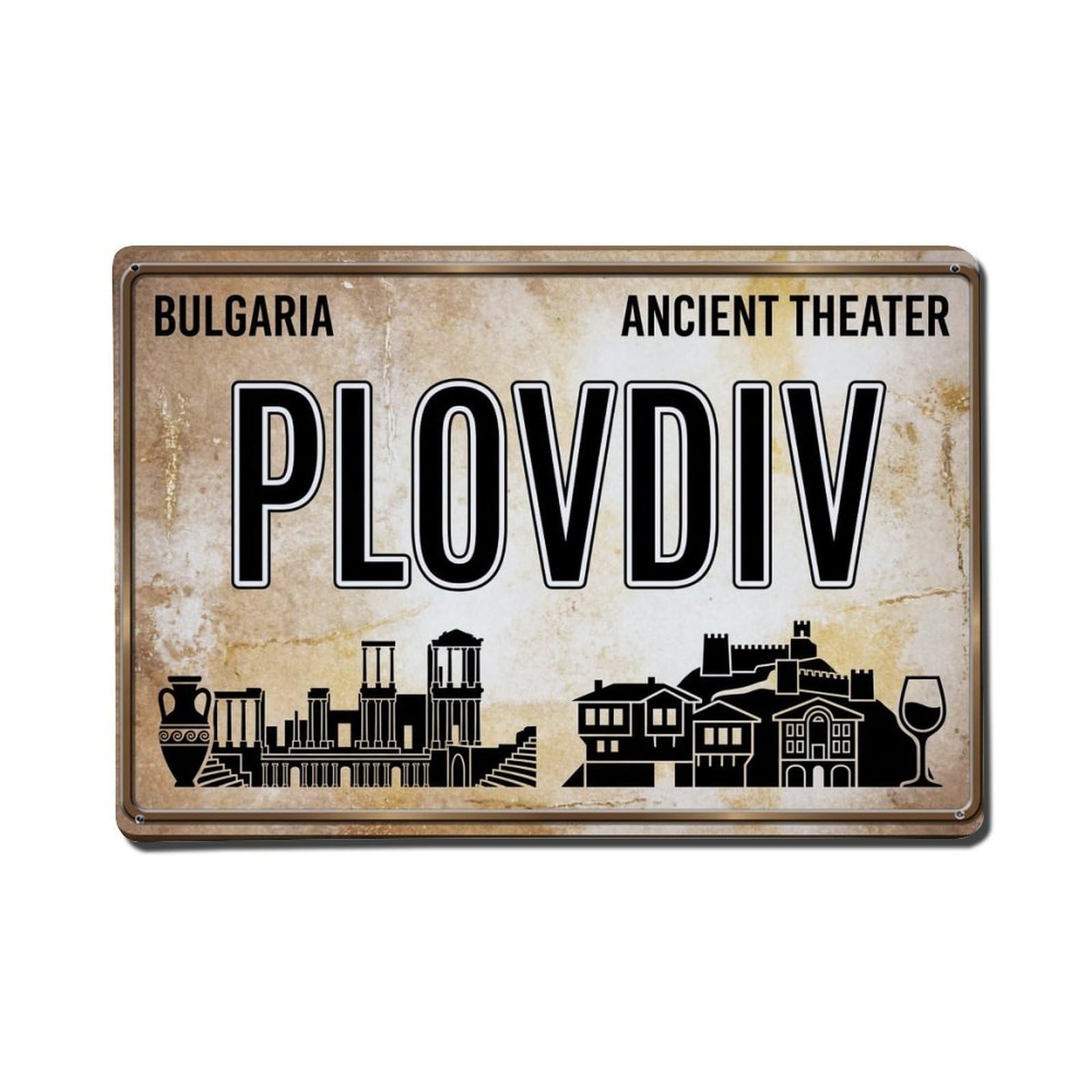 Vintage Travel Plovdiv Bulgaria Theater Ruins Metal Tin Sign