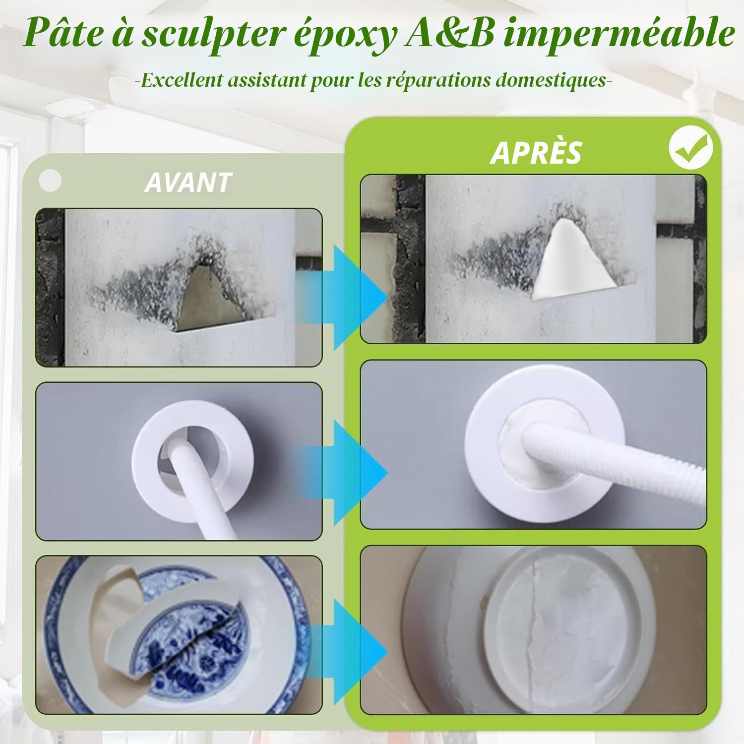 Epoxy Sculpt Pool Putty pour fuite sous l'eau, AB pâte auto-lubrifiante pour modeler, modeler, réparer, remplissage, métal, bois, carrelage, céramique blanche