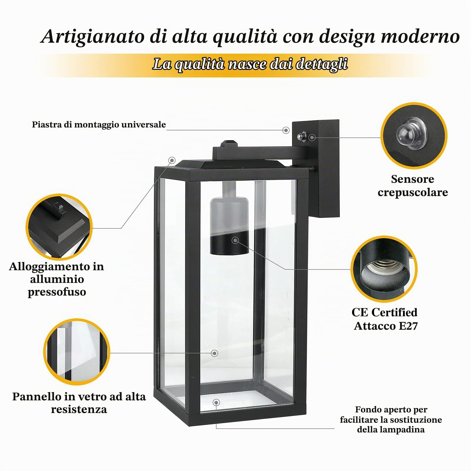 HLFVLITE Lampada da Parete per Esterni Dusk to Dawn, Alluminio Applique da Esterno Impermeabile con Attacco E27 con Paralume in vetro per Porta d'ingresso del Portico, Garage, Nero Opaco