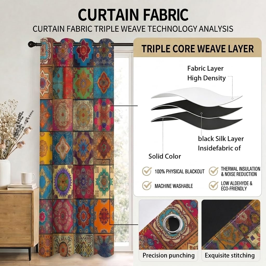Rideau Occultant De 2 Pièces Motifs Indiens Traditionnels Bloqueur Lumière Rideaux Thermiques Isolants Économie D'Énergie 150L X 280H cm Polyester Rideaux Phonique Salon Chambre Balcon Coloré