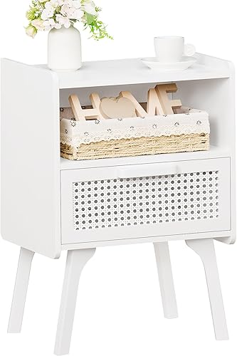 Lerliuo Mesita de noche de ratán, mesa auxiliar con cajón abierto, mesa auxiliar de noche con acento de caña con patas de madera maciza, mesita de