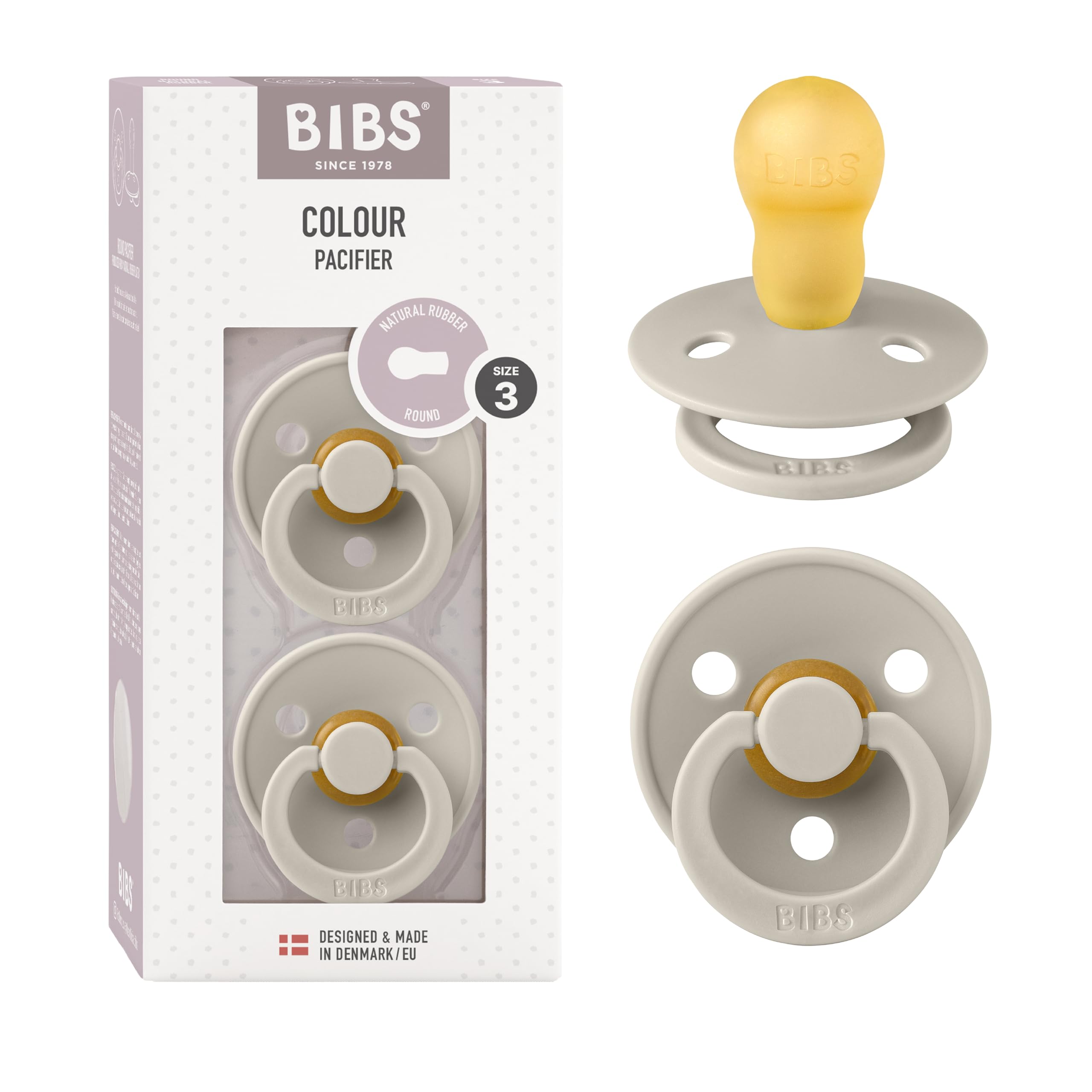 BIBS Colour Soother 2-Pack, BPA Free Dummy Pacifier, Round Natural Rubber Latex, Made in Denmark, Size 3 (18+ Months), Sand