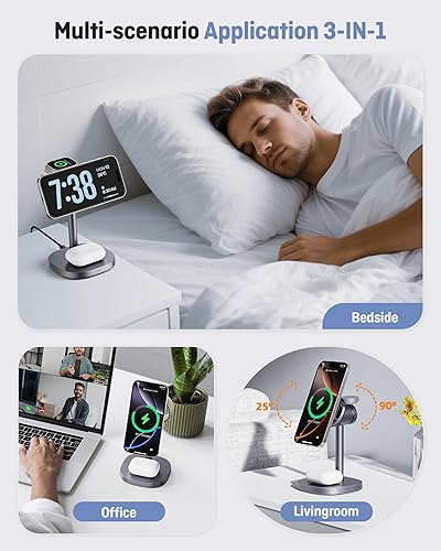 Miniatura 5 de Estación de carga inalámbrica 3 en 1, cargador magnético rápido certificado Qi2.2 de 25 W, soporte de cargador inalámbrico Mag-Safe con 25W Cielo