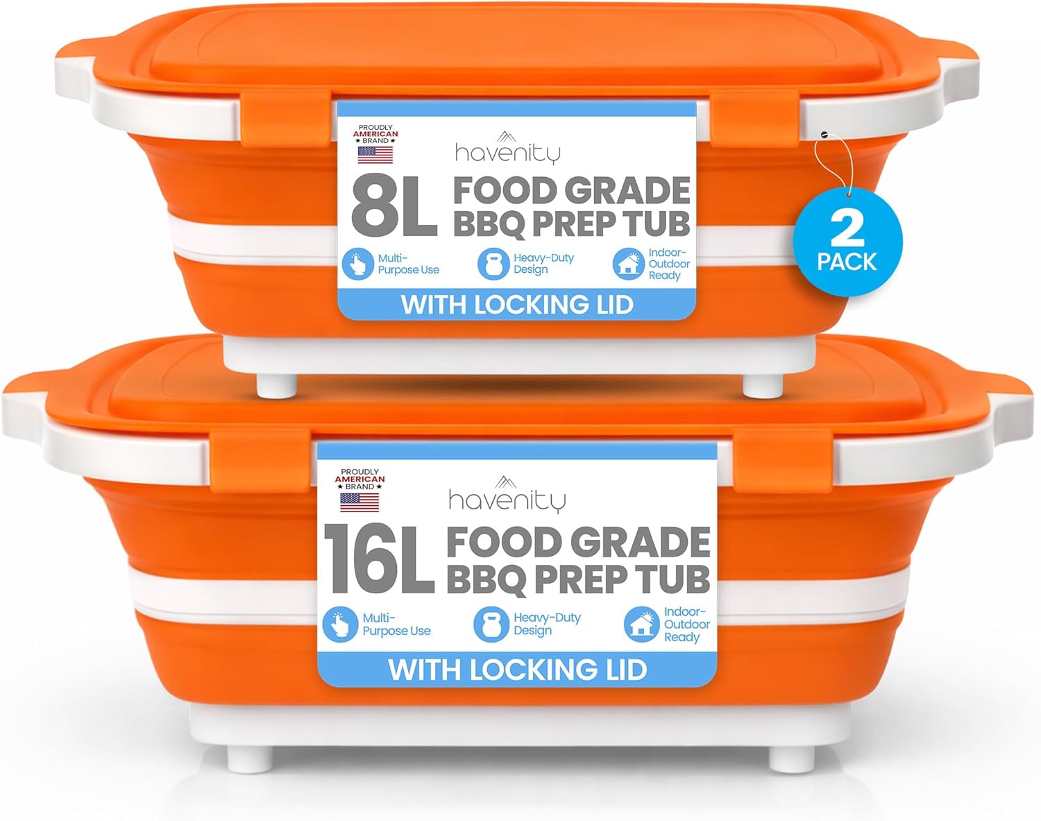 BBQ Prep Tub 2 Pack (8L+16L) - Multifunctional Collapsible Camping Cutting Board with Upgraded Locking Lid, Meal Prep Meat Storage Container Perfect for Grilling, Outdoor (Large + XL)