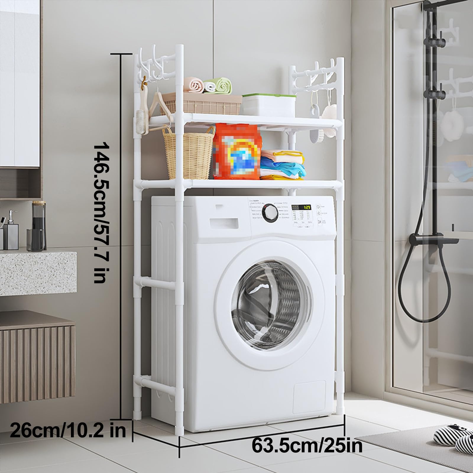 Mit mehrstufiger Ablage über Waschmaschine und Trockner, solide und langlebig über der Waschmaschine und Trockner Lagerung Regal, einfach zu installieren, geeignet für Bad/Balkon/Waschküche(White,Two