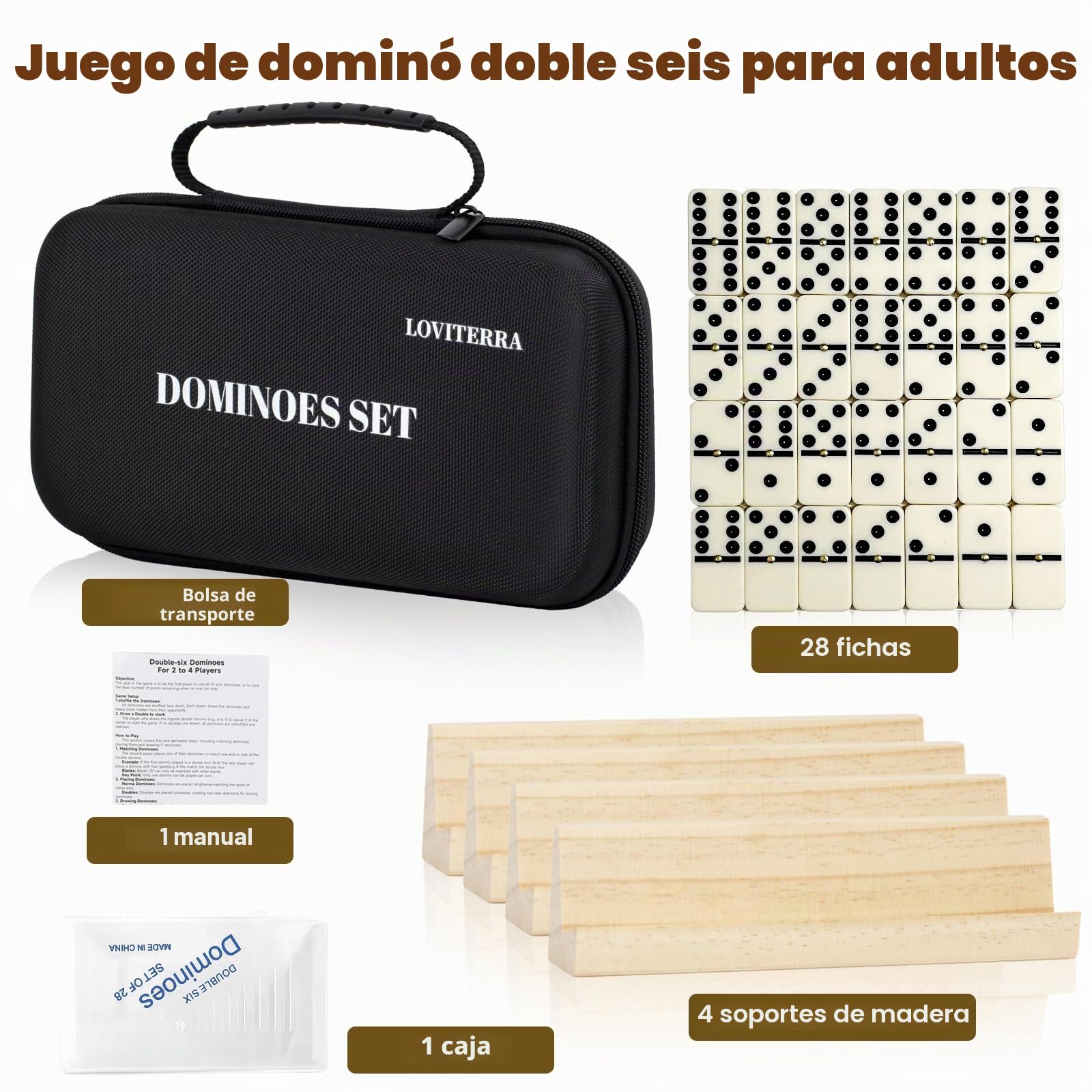 Juego de Dominó Doble 6 para Adultos, Dominós Duraderos de 28 Piezas con 4 Estanterías de Madera y Estuche de Transporte, Juegos de Mesa Clásicos, Juego de Viaje Portátil