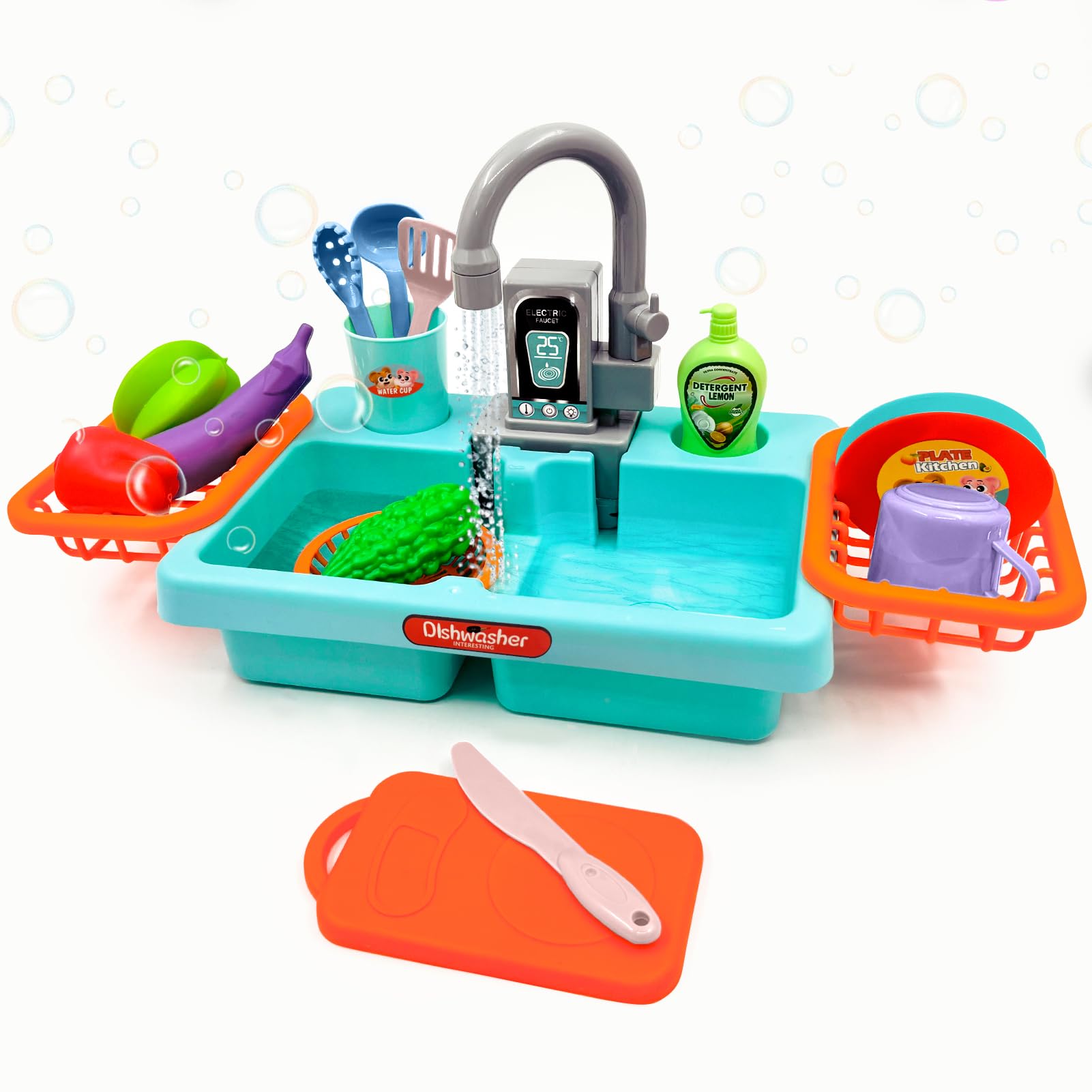 Acelane Jeu d'Évier de Cuisine pour Enfants avec Robinet à Recyclage d'Eau, Jouets de Cuisine Accessoires avec Robinet Enfant Pompe, Évier Jouet Enfants 3+ Ans avec légumes jouets - Jeu de Rôle (Bleu)