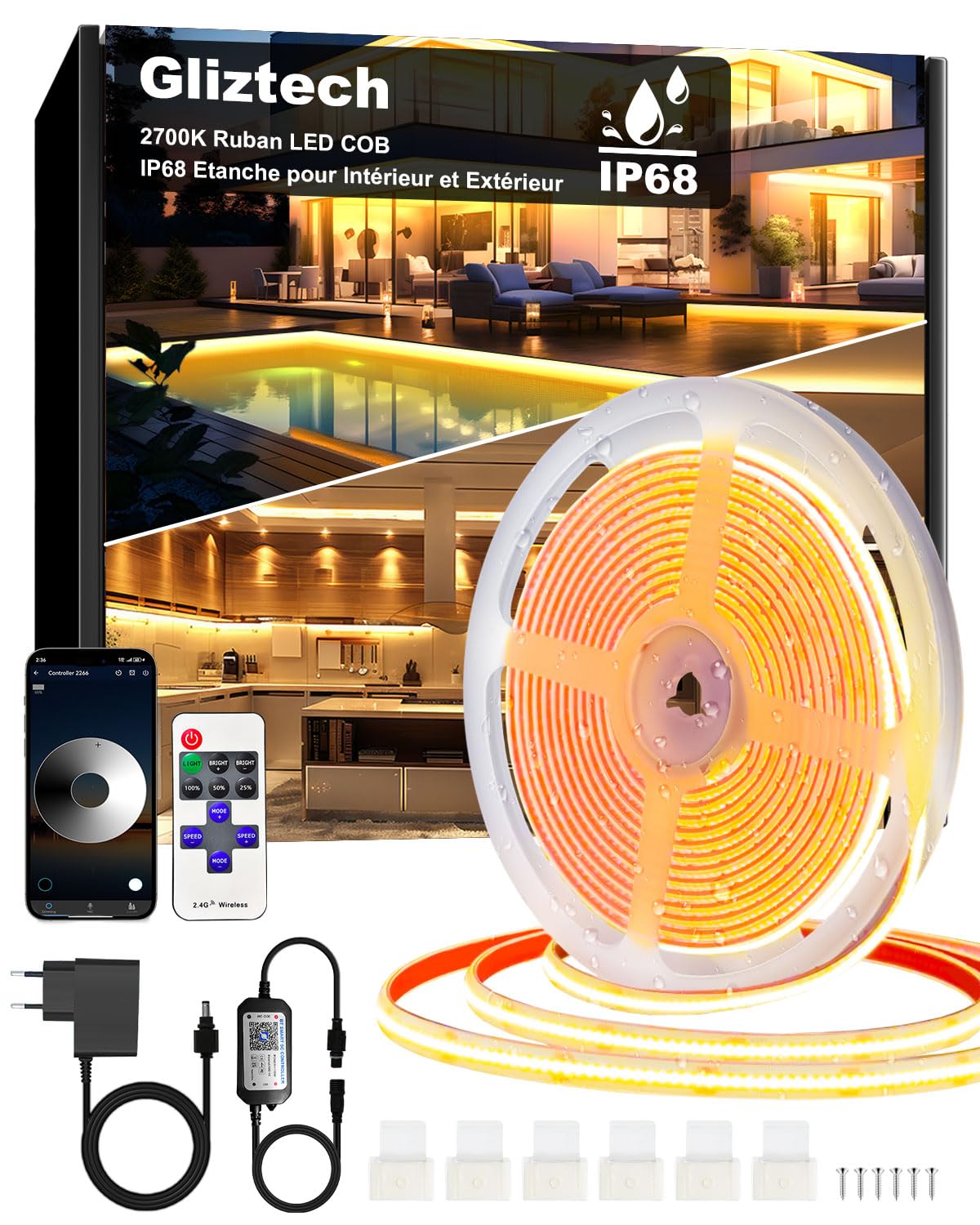 Ruban Led Cob Exterieur IP68 Etanche, Bande LED Blanc Chaud Autocollante 2700K, Alimentation 24V Led Cob Application et Télécommande pour Avant Toit Jardin Terrasse Cuisine Salle de Bain (15M-2700K)