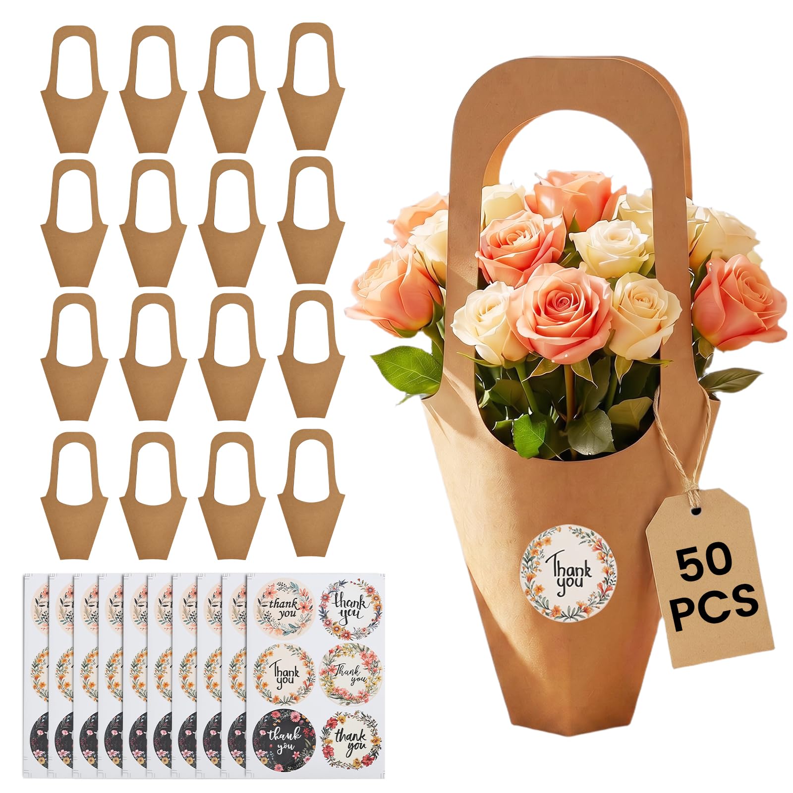 50 Pack Paper Flower Bouquet Bag with Handle, Lightweight Flower Gift Bags with 10 Thank You Stickers, Small Brown Carrier Tote Bag, Ideal for Weddings, Birthdays, Anniversaries, 13.8" x 7.5"